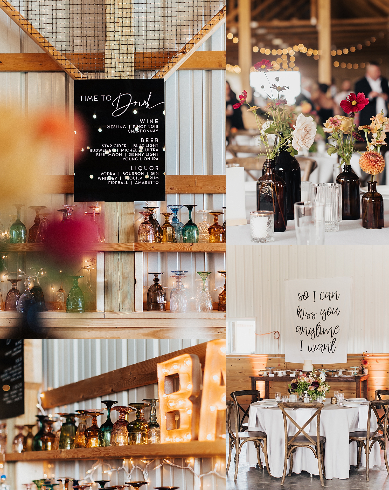 florals in dark jars on table tops at reception by Nicole Aston Photography
