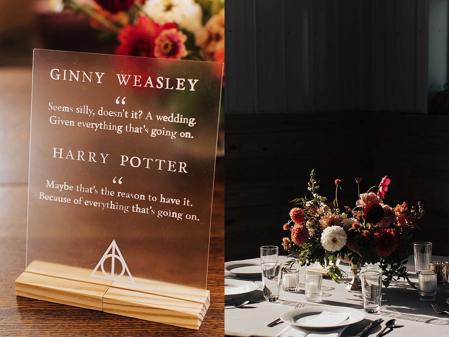 harry potter quote on plaque at reception next to flowers by Destination wedding photographer