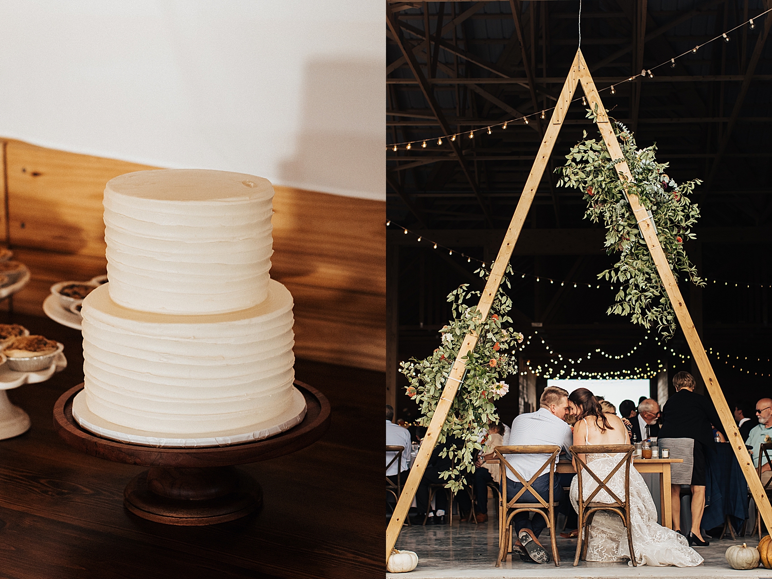 two tiere wedding cake next to bride and groom at reception table by Nicole Aston Photography