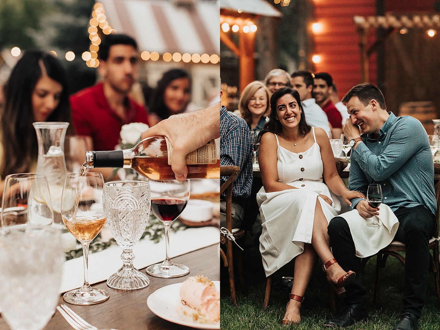bride and groom listen to toasts at welcome dinne at Snowbasin