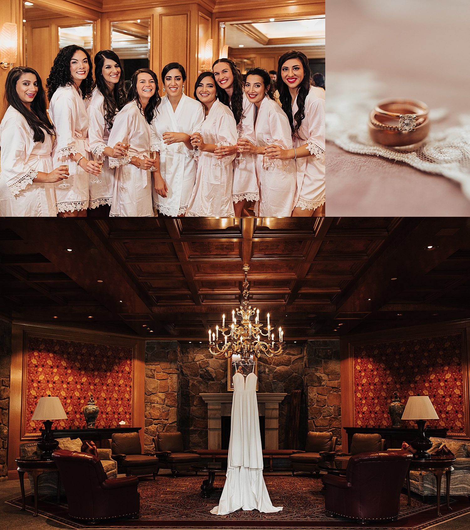 woman gets ready with her bridesmaids in pink robes by Destination wedding photographer