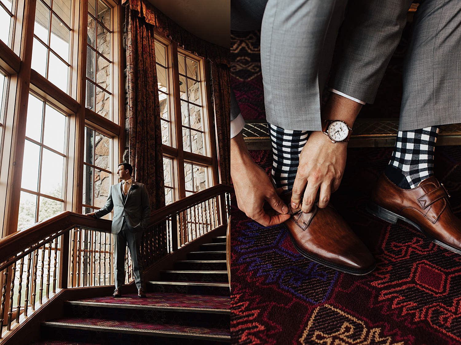groom stands on large descending staircase by Nicole Aston Photography