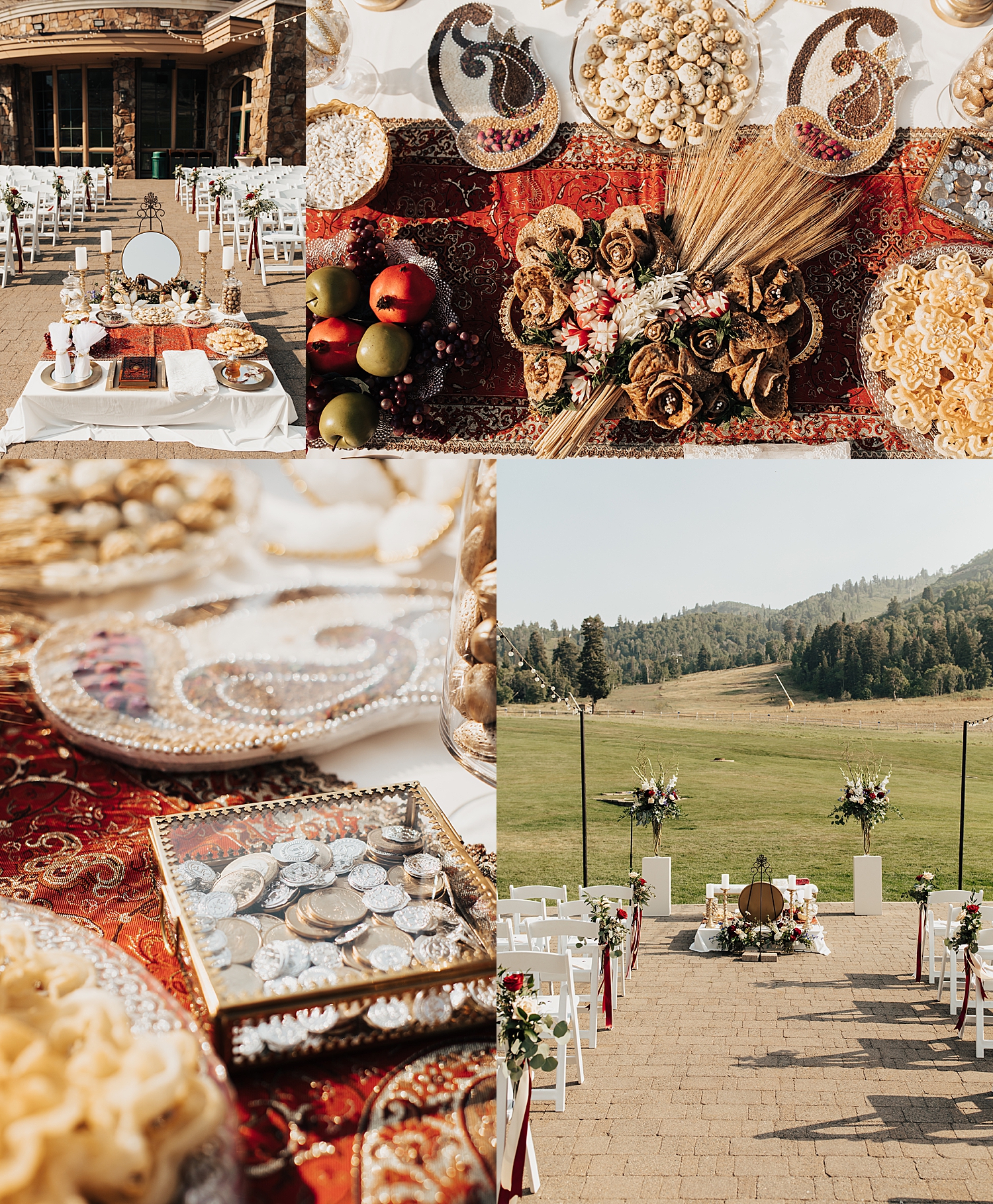 large feast and religious items on cloth during ceremony by Destination wedding photographer
