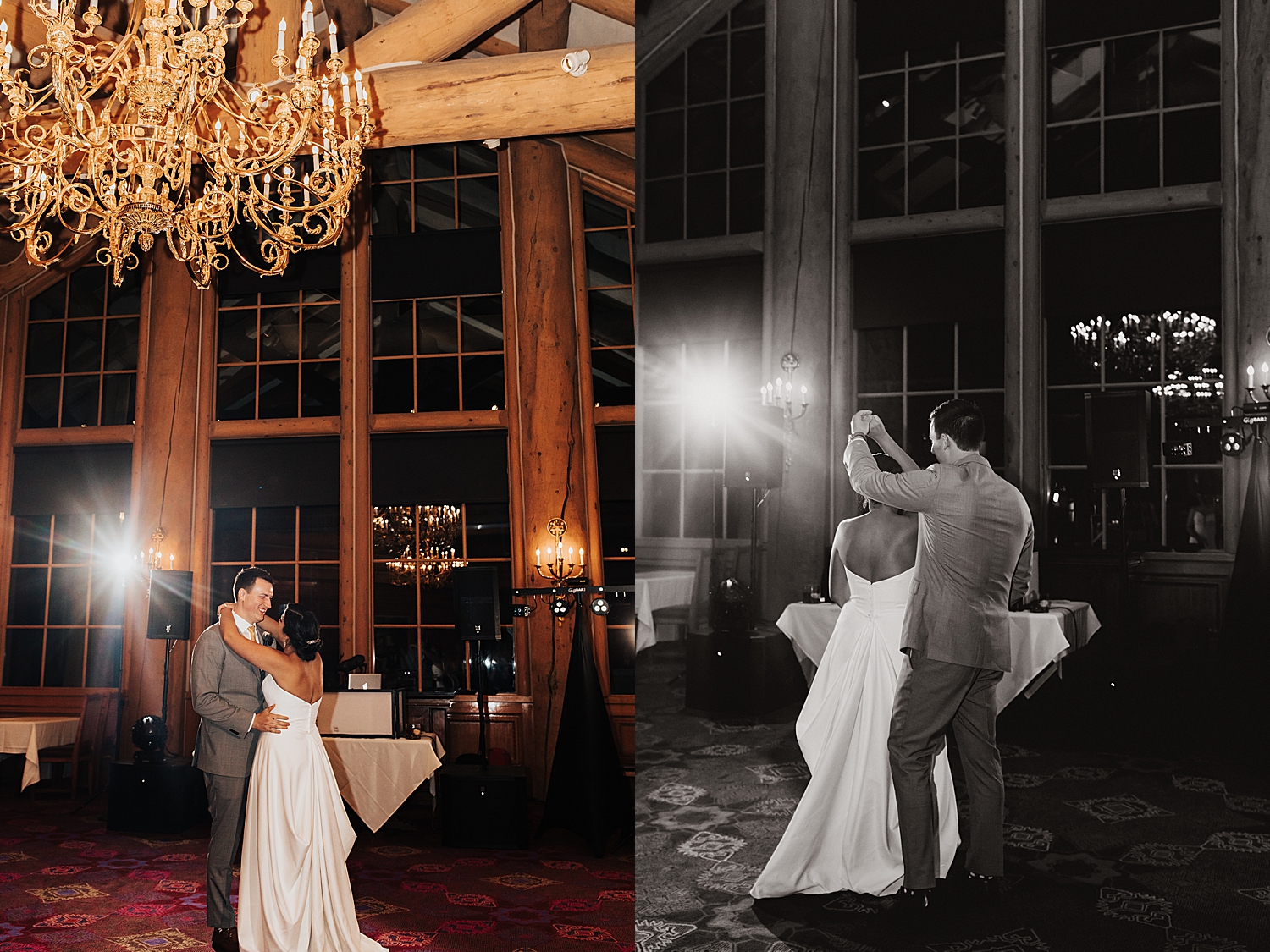 couple share a first dance in wooden lodge for reception by Nicole Aston Photography