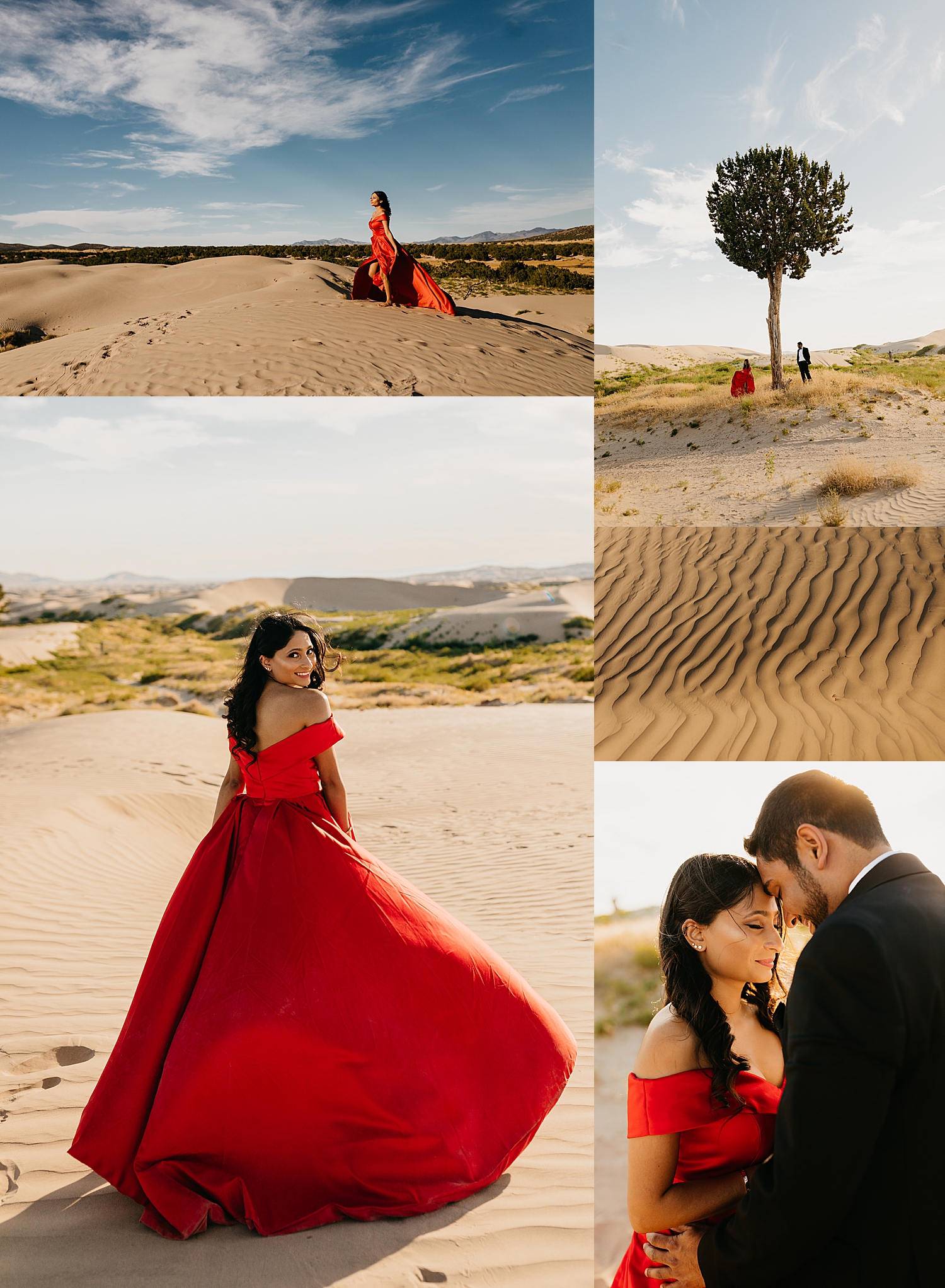 woman in red dress stands by tree for her Sand Dune engagement session