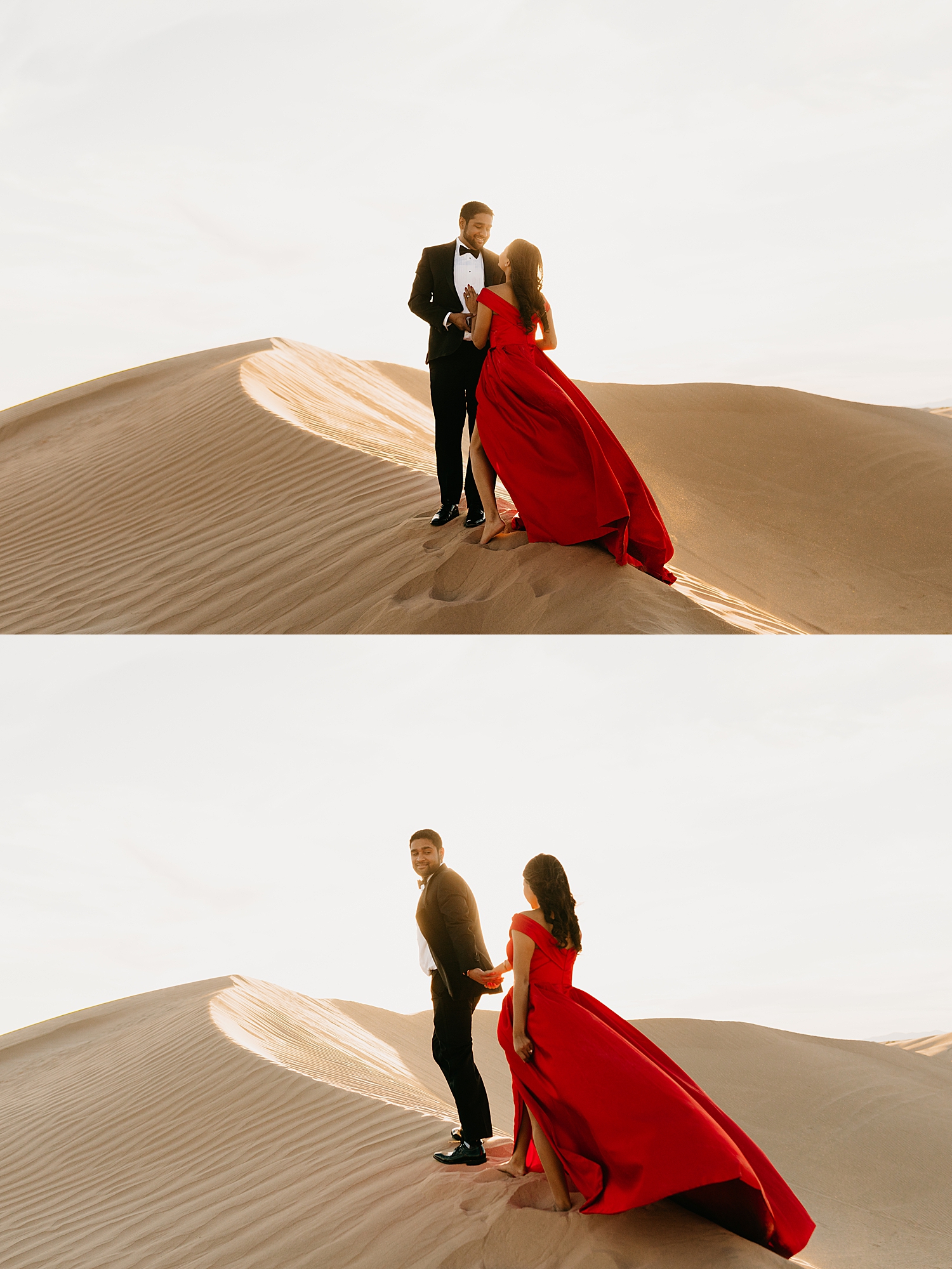 couple walk hand in hand up a desert hill by Destination wedding photographer 