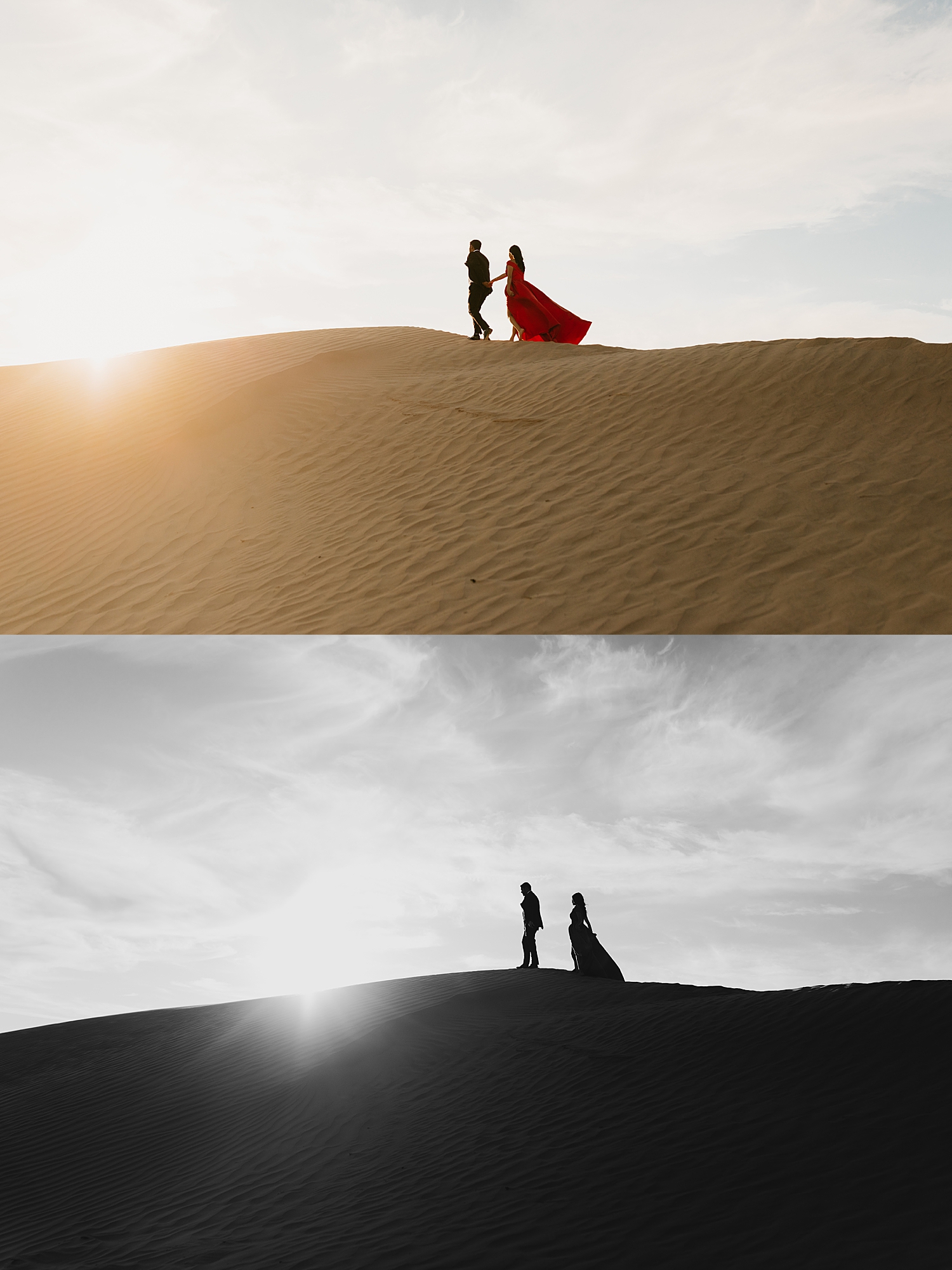 man and woman in formal wear walk across ridge for Sand Dune engagement session