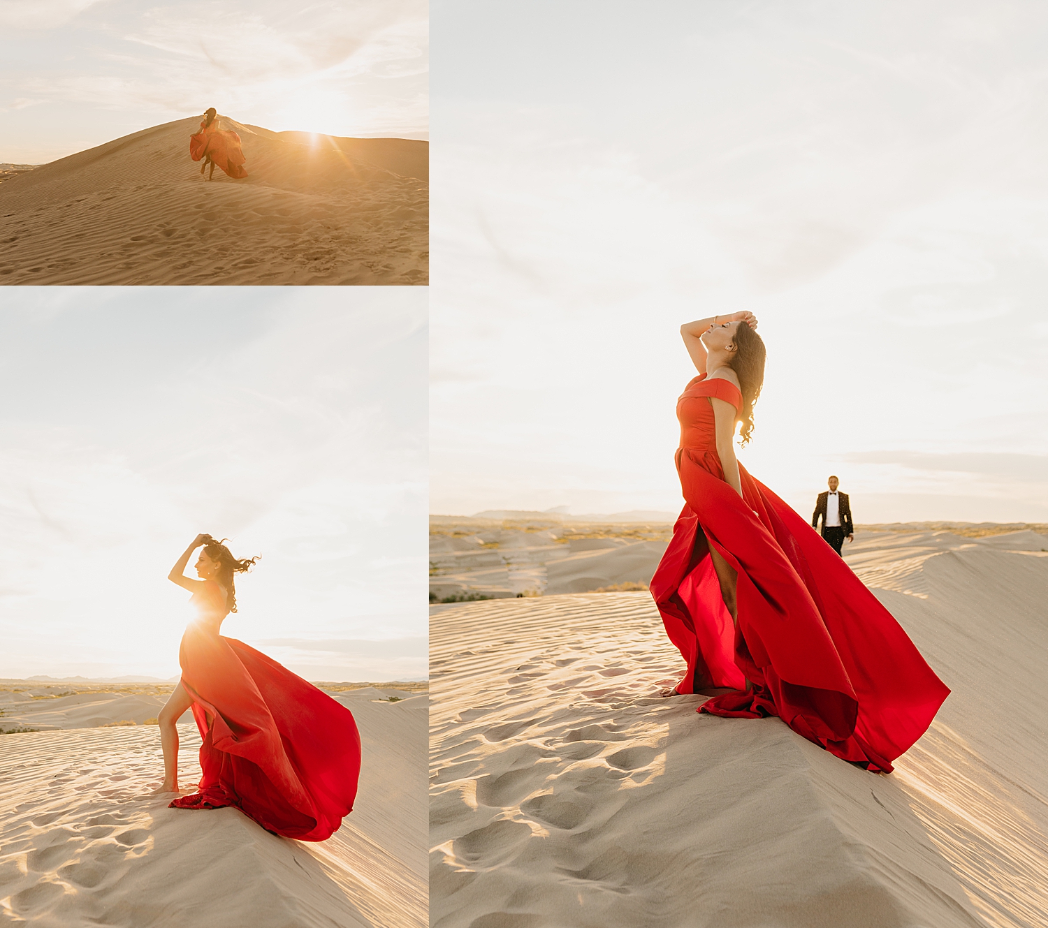 brunette wearing bright color gown in golden hour in the desert by Destination wedding photographer 