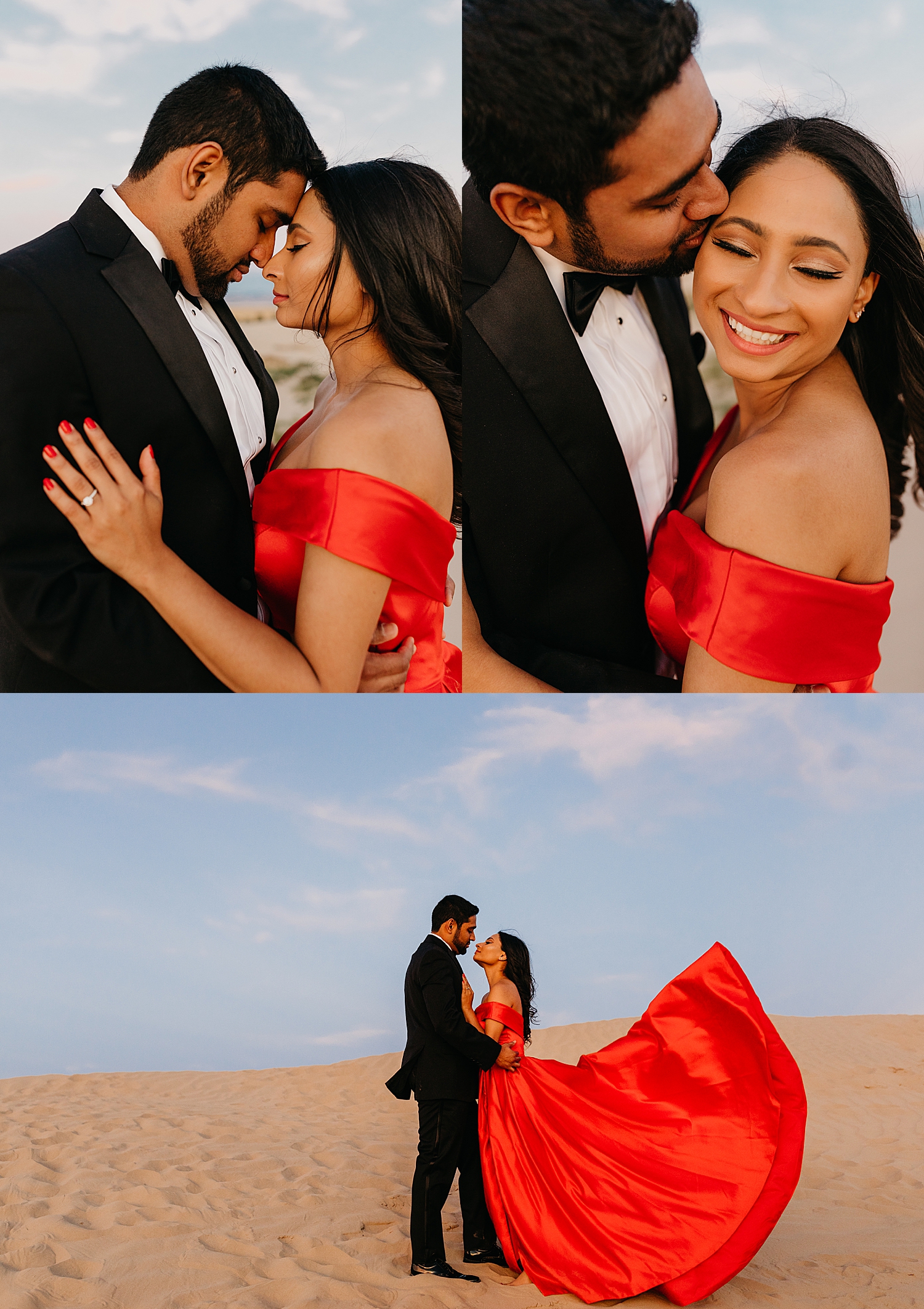man kisses his bride in red ballgown in the desert by Destination wedding photographer 
