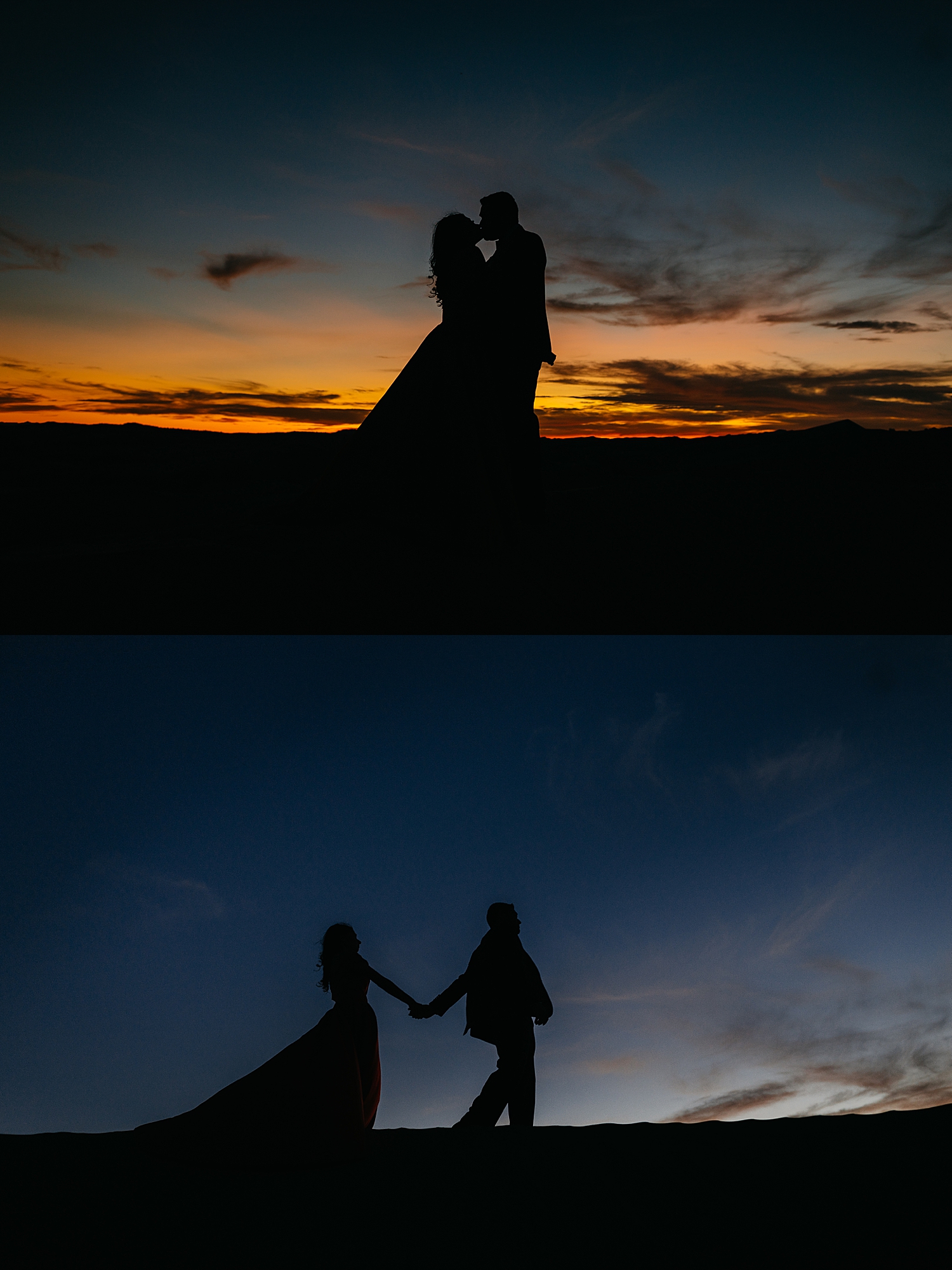 engaged couple share a silhouette kiss in sunset for Sand Dune engagement session