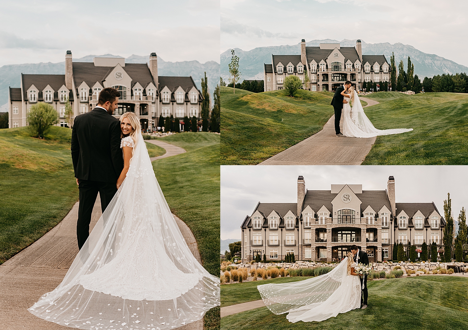 Husband and wife stand in front of large manor, Sleepy Ridge Venue