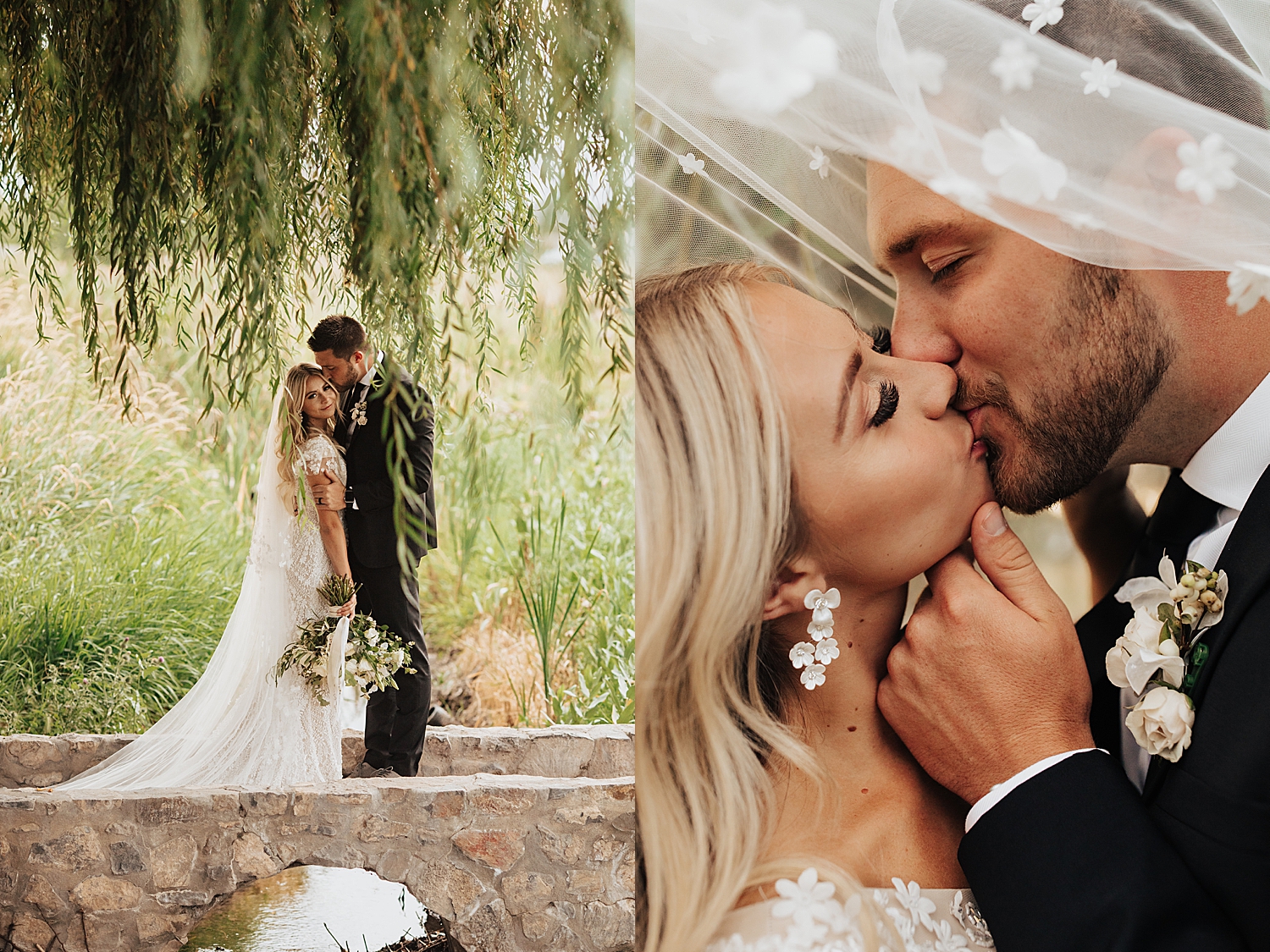 husband tips his wife's chin up for a kiss in front of Sleepy Ridge