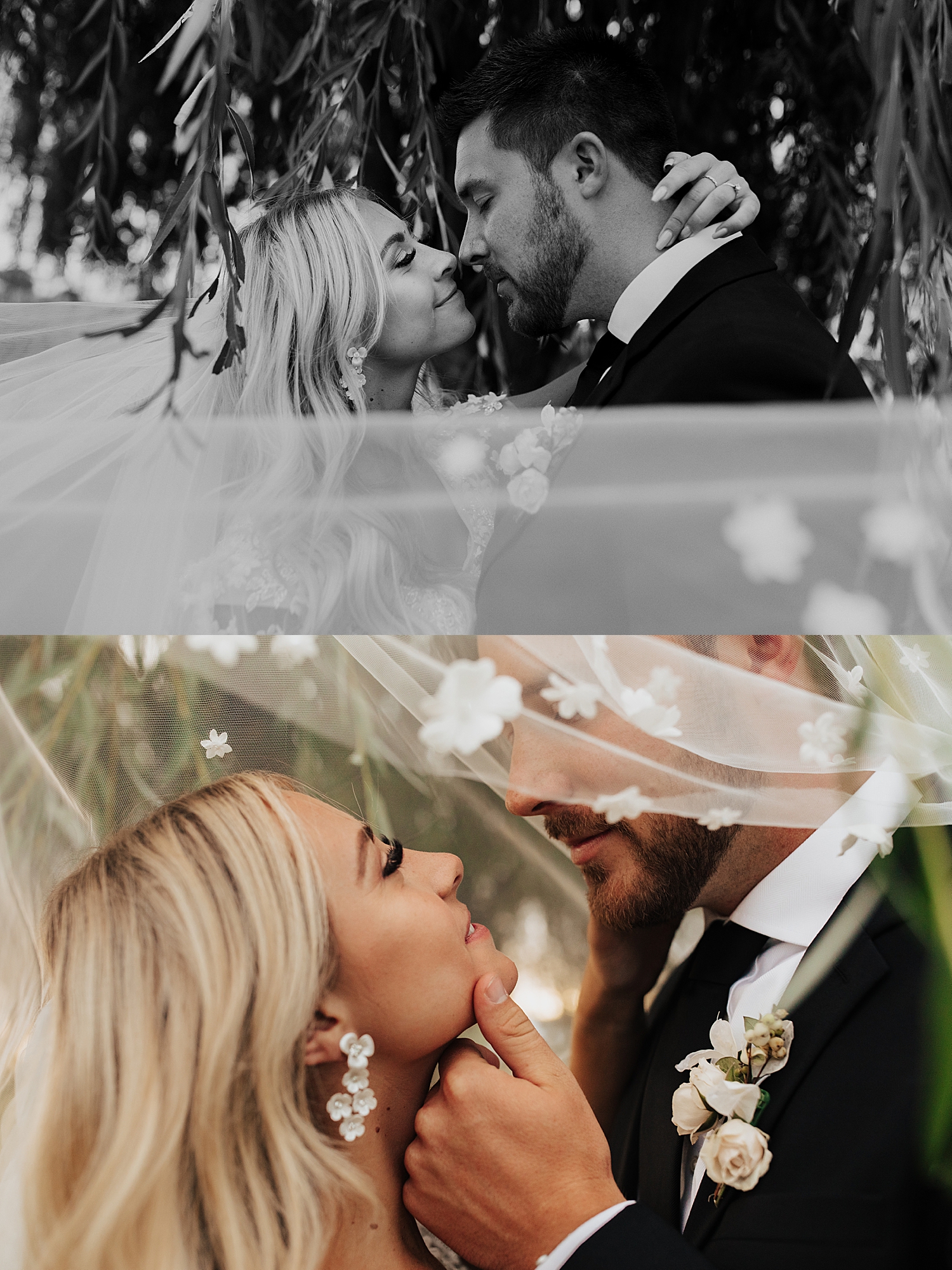 husband and wife covered in floral veil outside of Sleepy Ridge