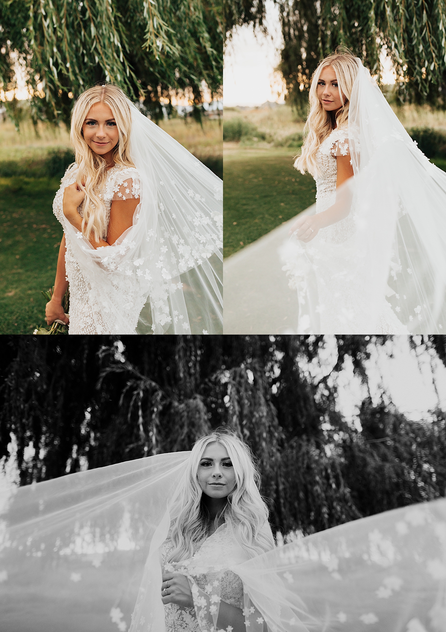 blonde bride stands under weeping willow tree by Destination wedding photographer