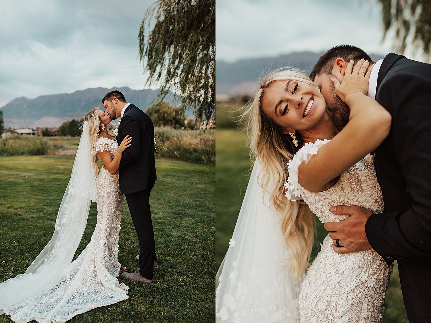 newlyweds share a kiss under a willow tree by Nicole Aston Photographer