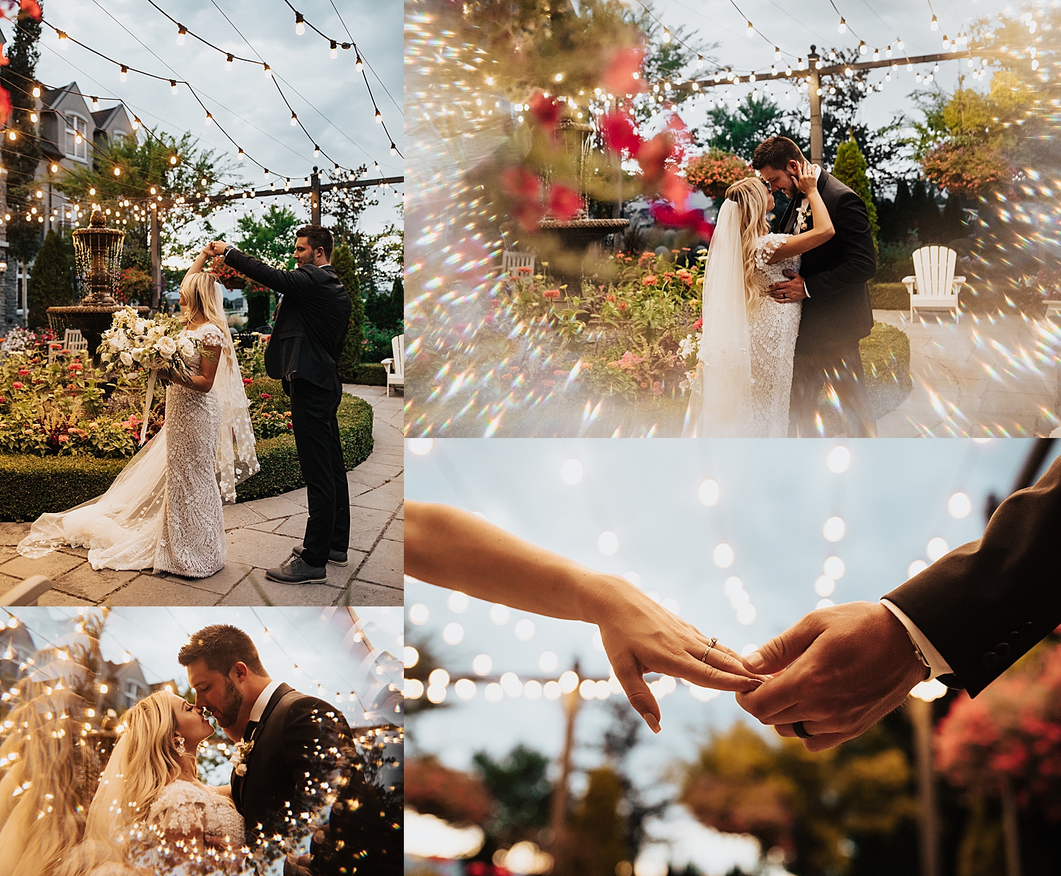 newlyweds share a dance under twinkle lights in courtyard by Nicole Aston Photographer