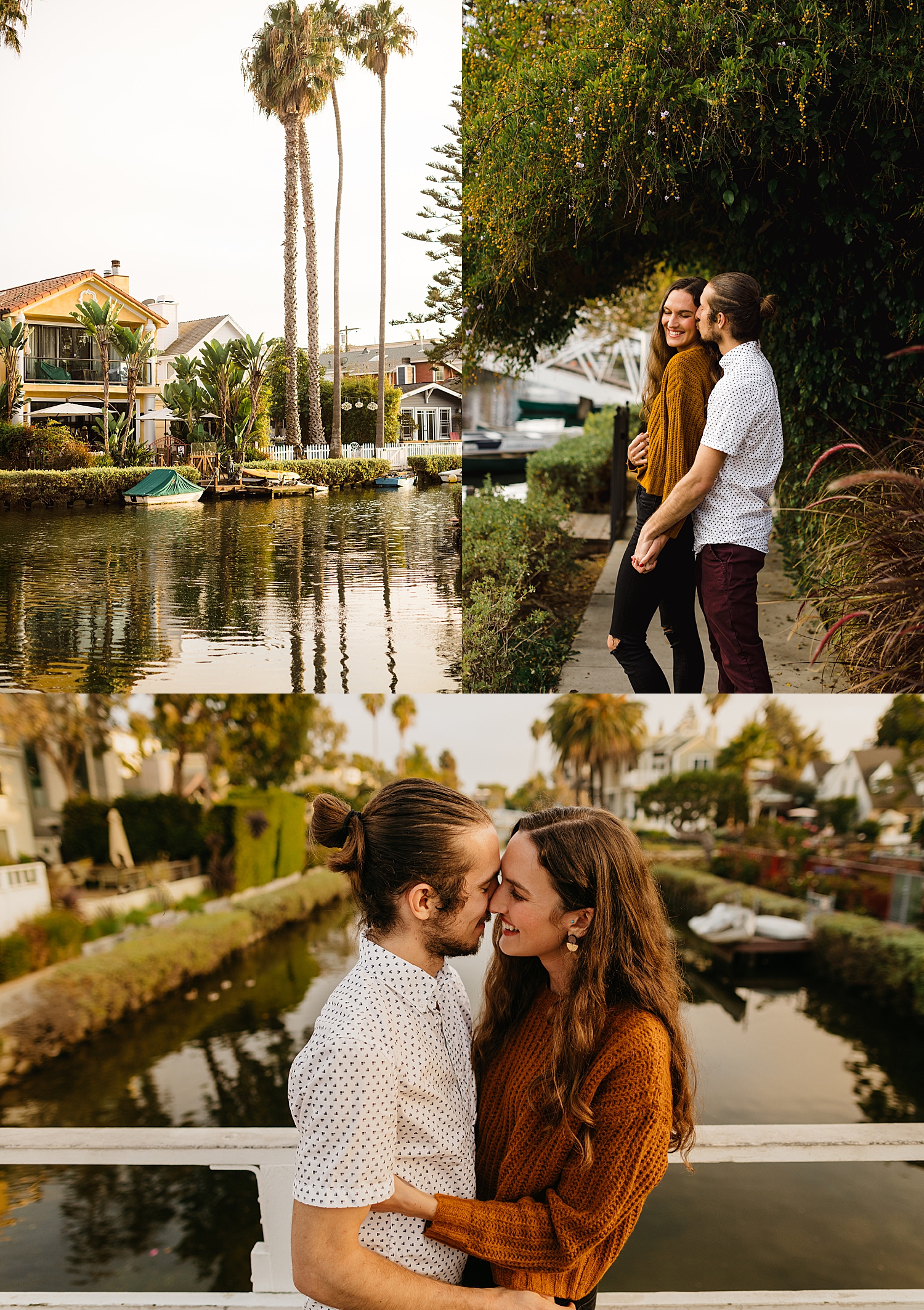 young couple leans in for a kiss over a canal for Venice Beach session