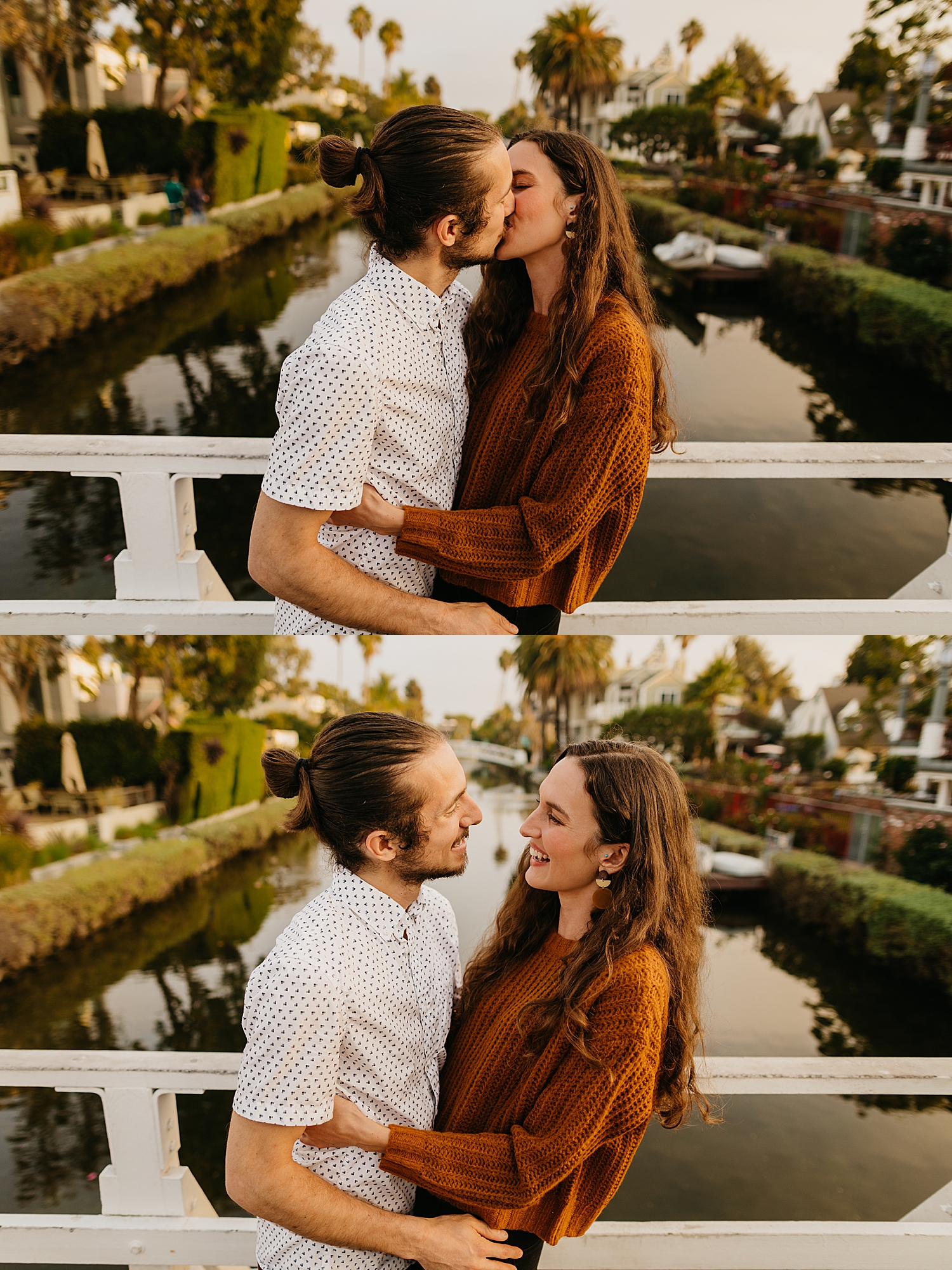 man and woman hug and kiss on bridge by Destination wedding photographer