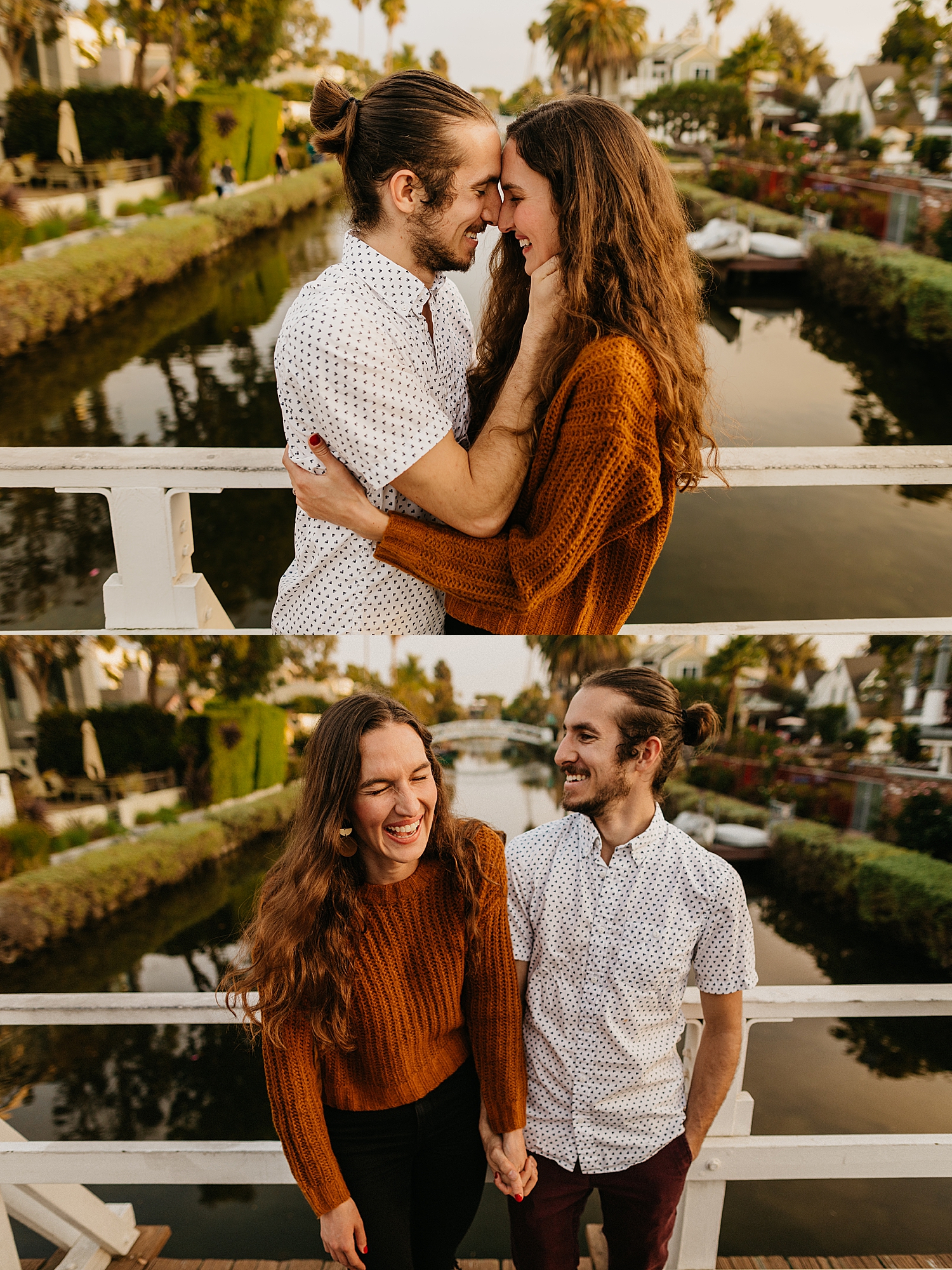 woman in brown sweater laughing with her man for Venice Beach session