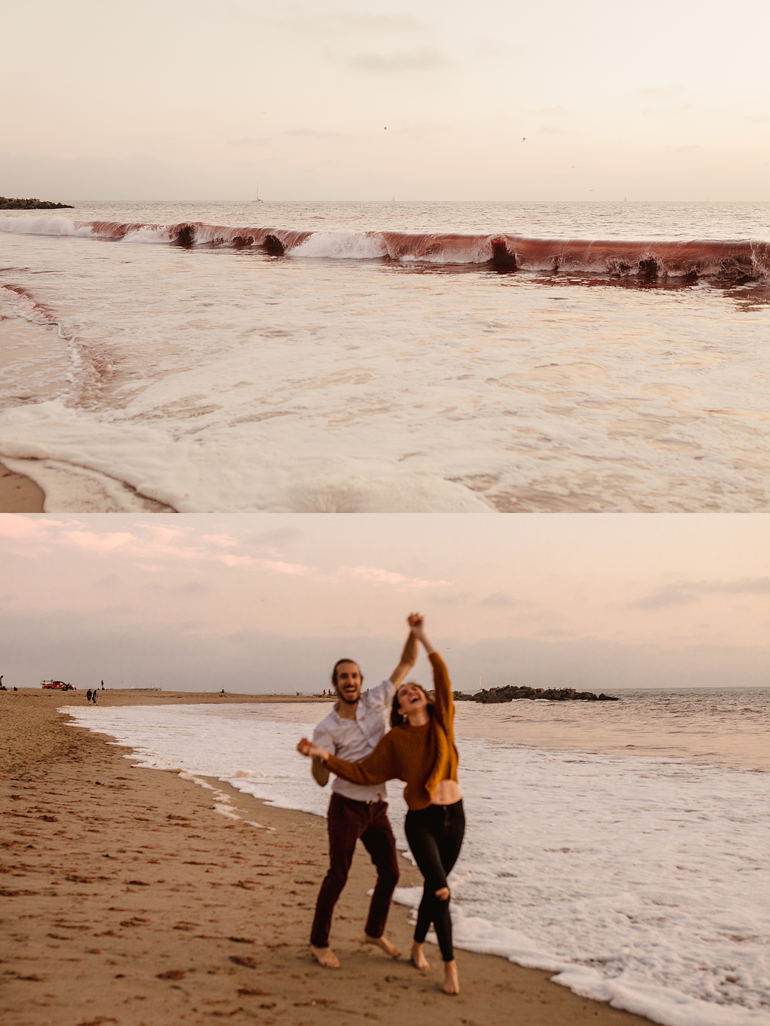 engaged couple dances near the water for Venice Beach session