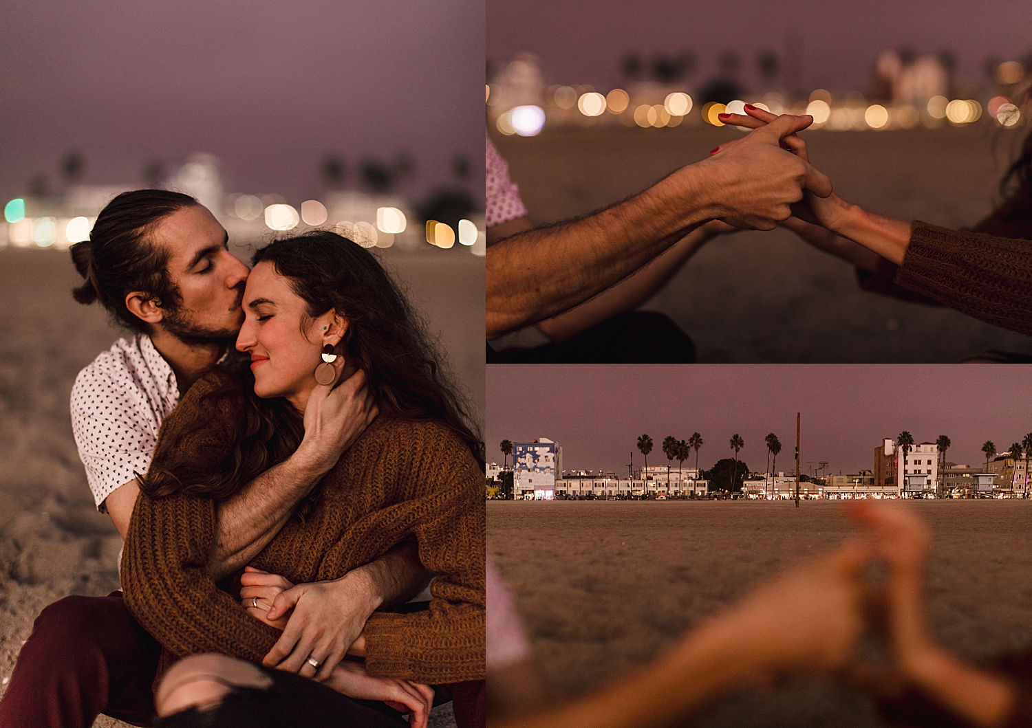 man with bun leans in to kiss woman's temple at sunset for Venice Beach session