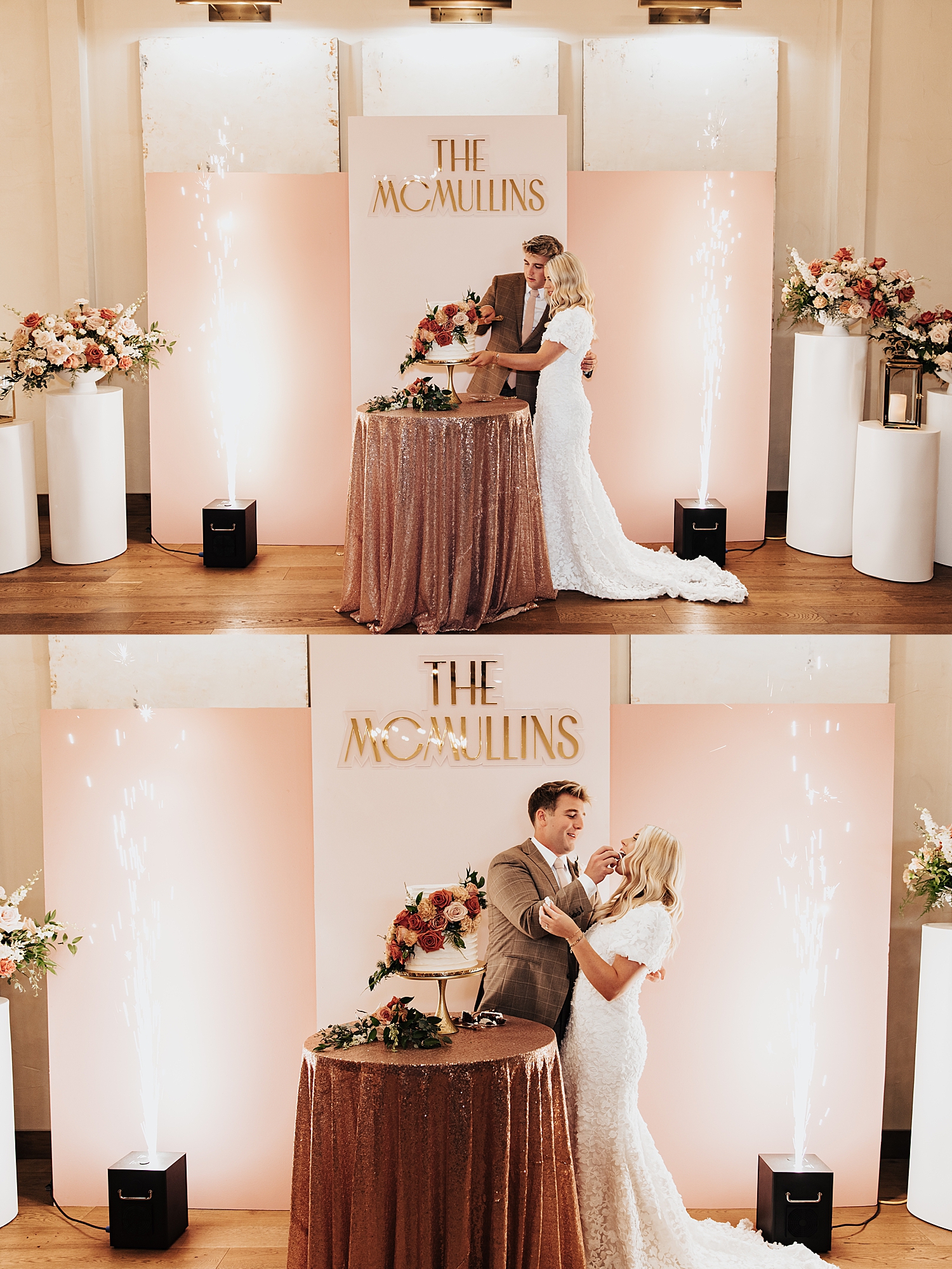 newlyweds cut the cake in front of panels at Wild Oak venue