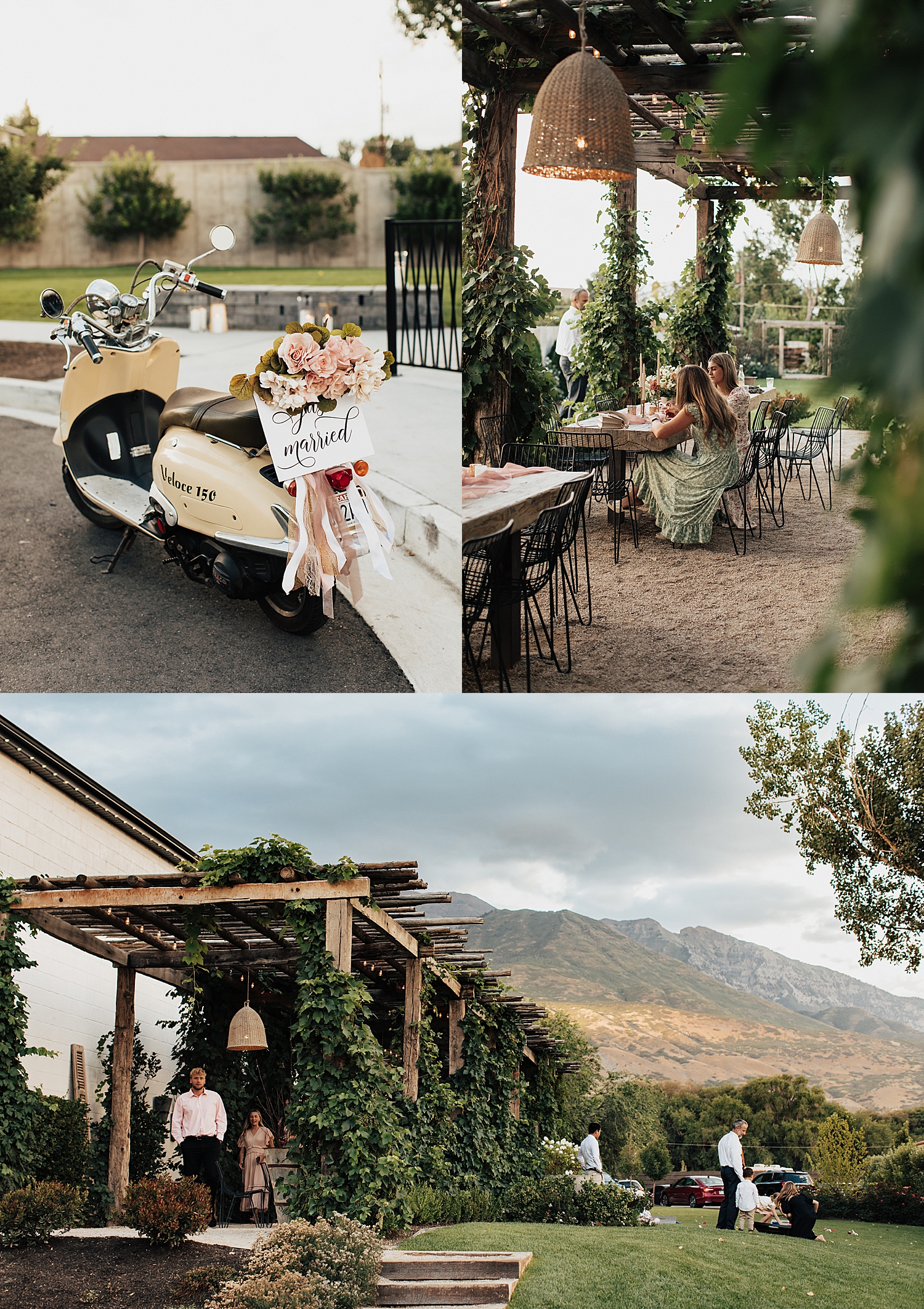 guests mingle on lawn overlooking mountains for reception by Nicole Aston Photography