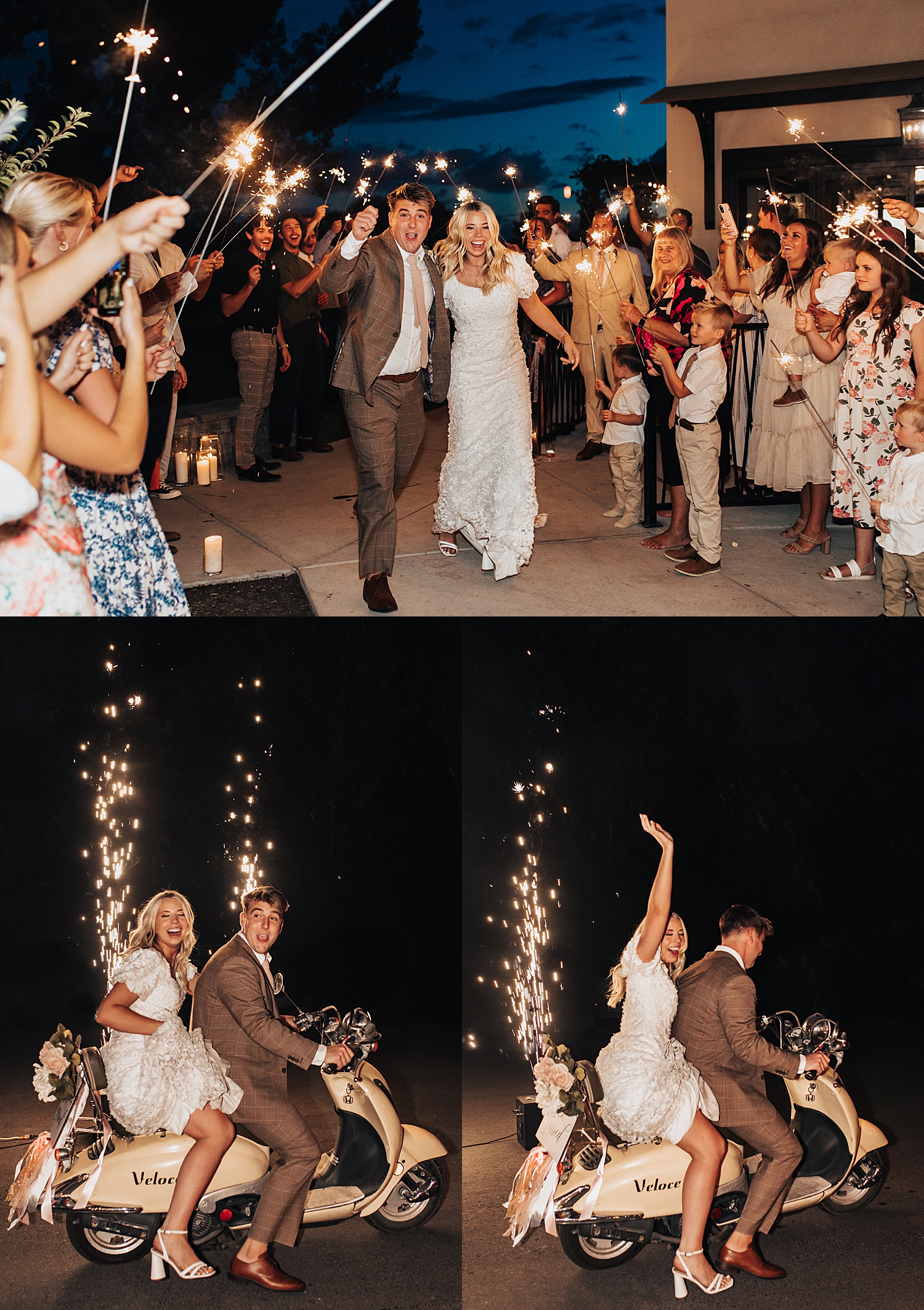 couple leaves their big day through sparklers on moped by Nicole Aston Photography