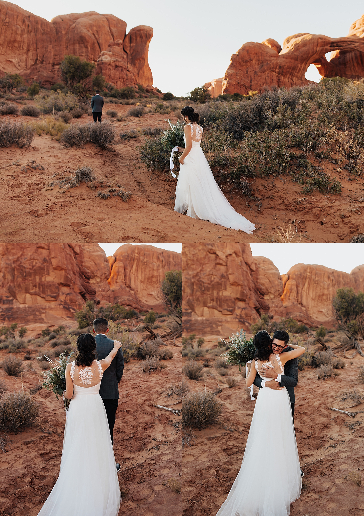 bride approaches man for first look during their Moab wedding portraits