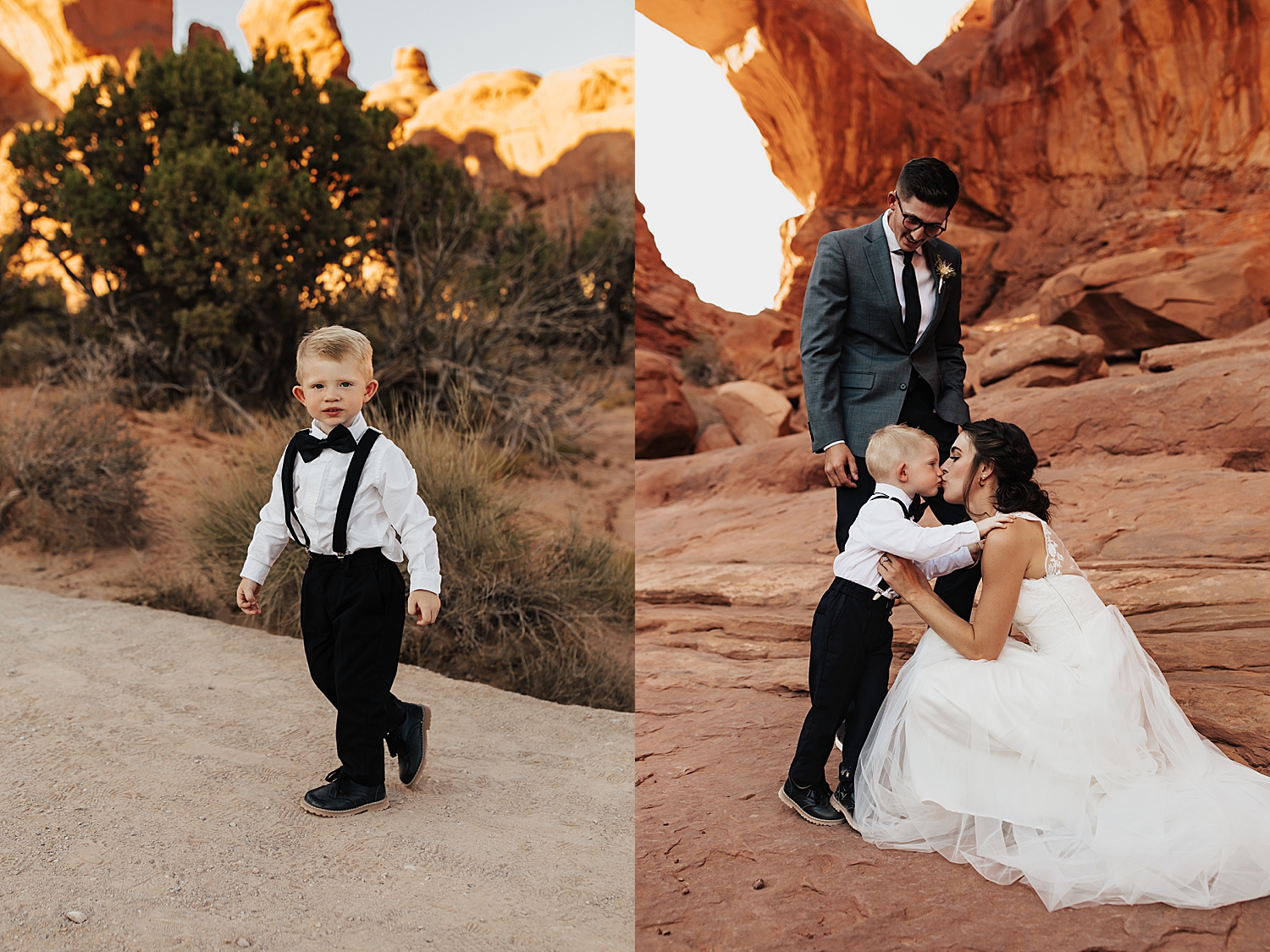 little boy in suspenders kisses his mama during her Moab wedding portraits