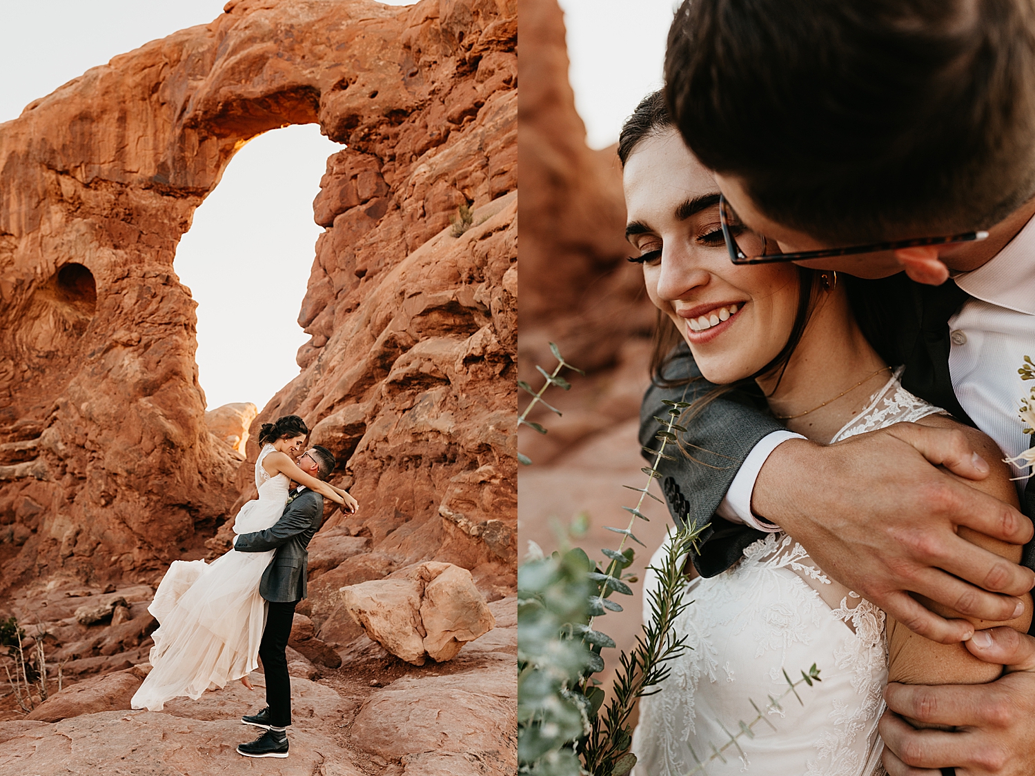 man lifts up his new wife for a kiss under natural arch by Nicole Aston Photography