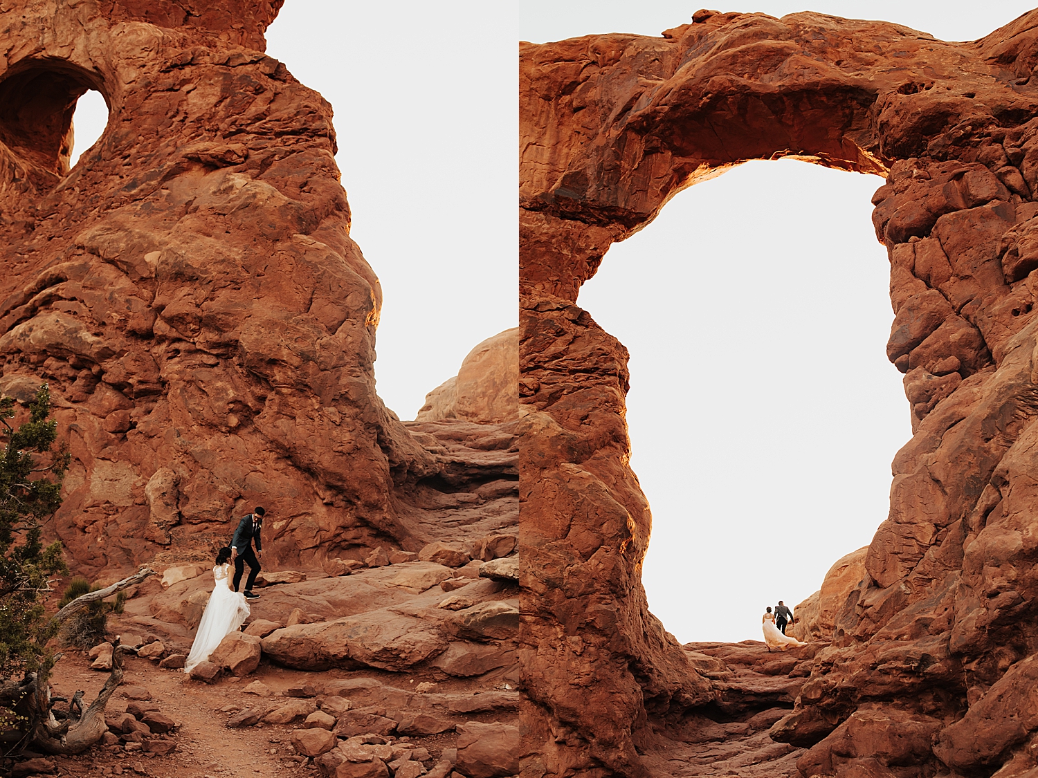 newlyweds stand under circle arch in National park by Destination elopement photographer