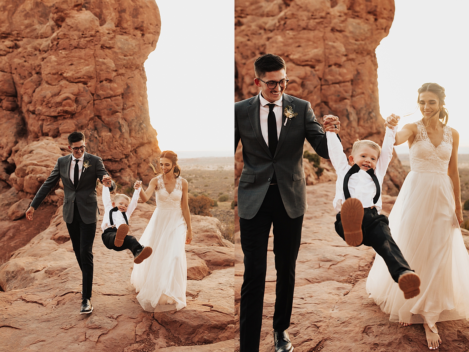 husband and wife swing little boy between them on red rock by Destination elopement photographer