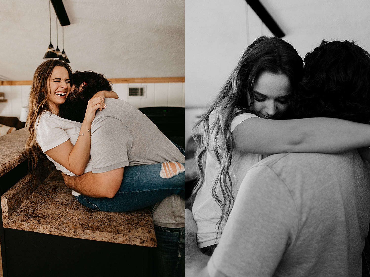 woman snuggles her man while sitting on kitchen counter for in-home engagement session
