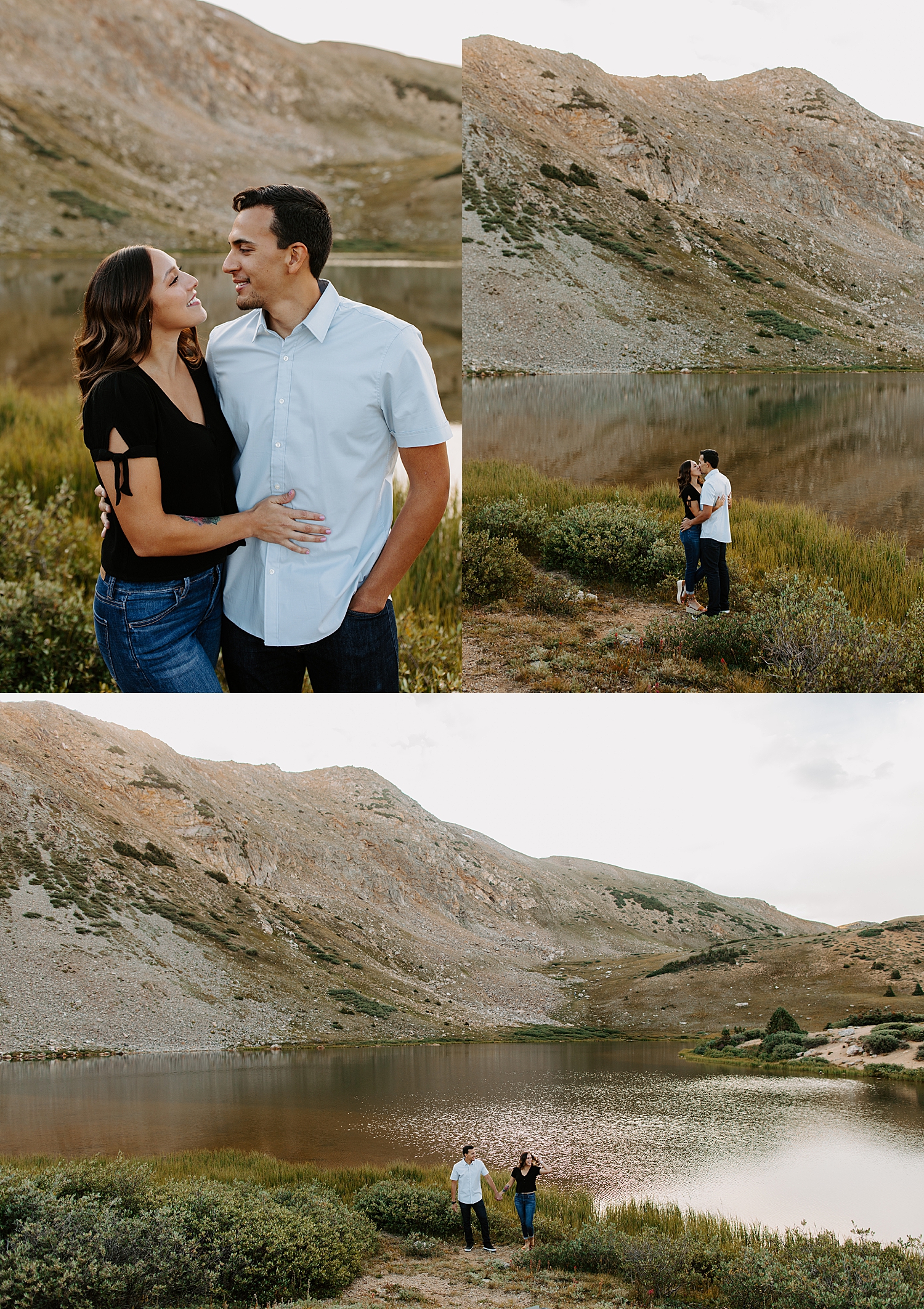 man and woman stand next to lake at Loveland Pass