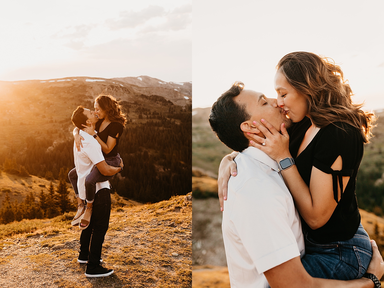 man holds his bride-to-be up with a mountain backdrop by Nicole Aston Photography