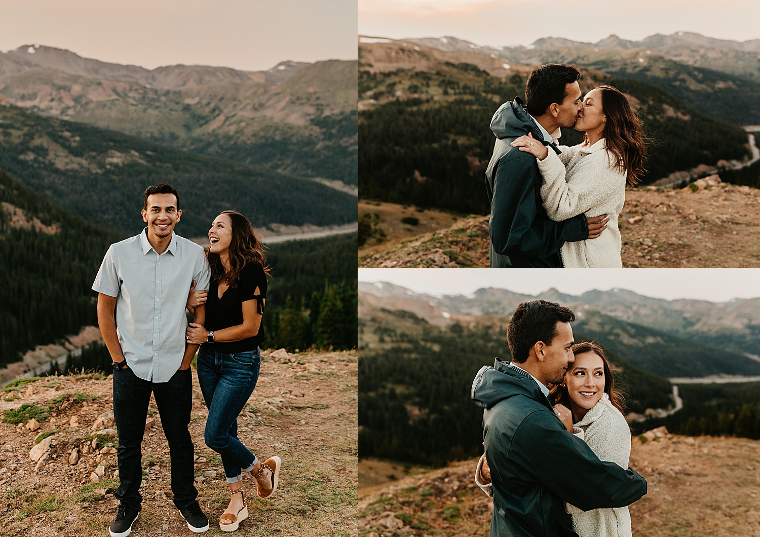 man and woman snuggle with jackets on in Colorado by Destination wedding photographer