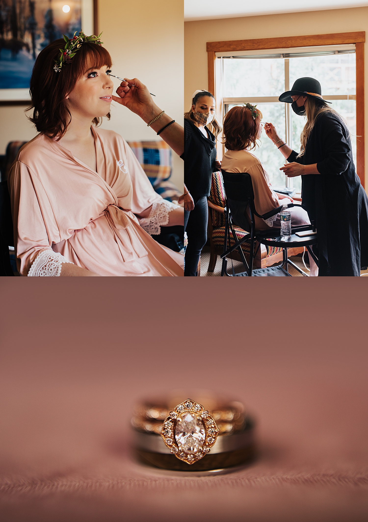 woman with flower crown gets makeup applied at Solitude Resort in Park City