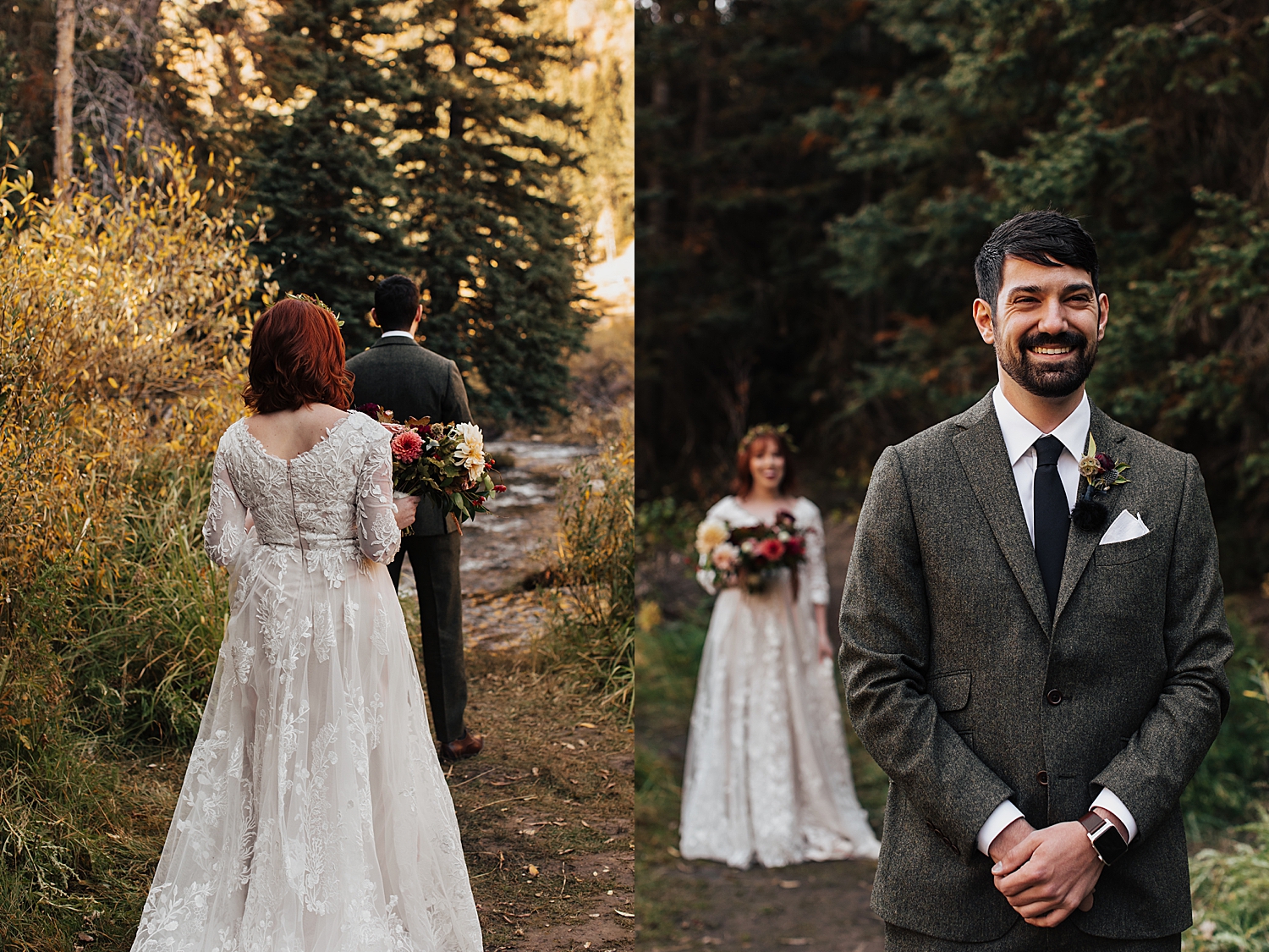 bride waits to approach her man during outdoor first look by Nicole Aston photography 