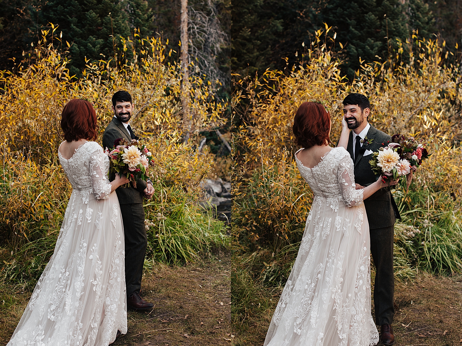 woman approaches man for first look outside at Solitude Resort in Park City