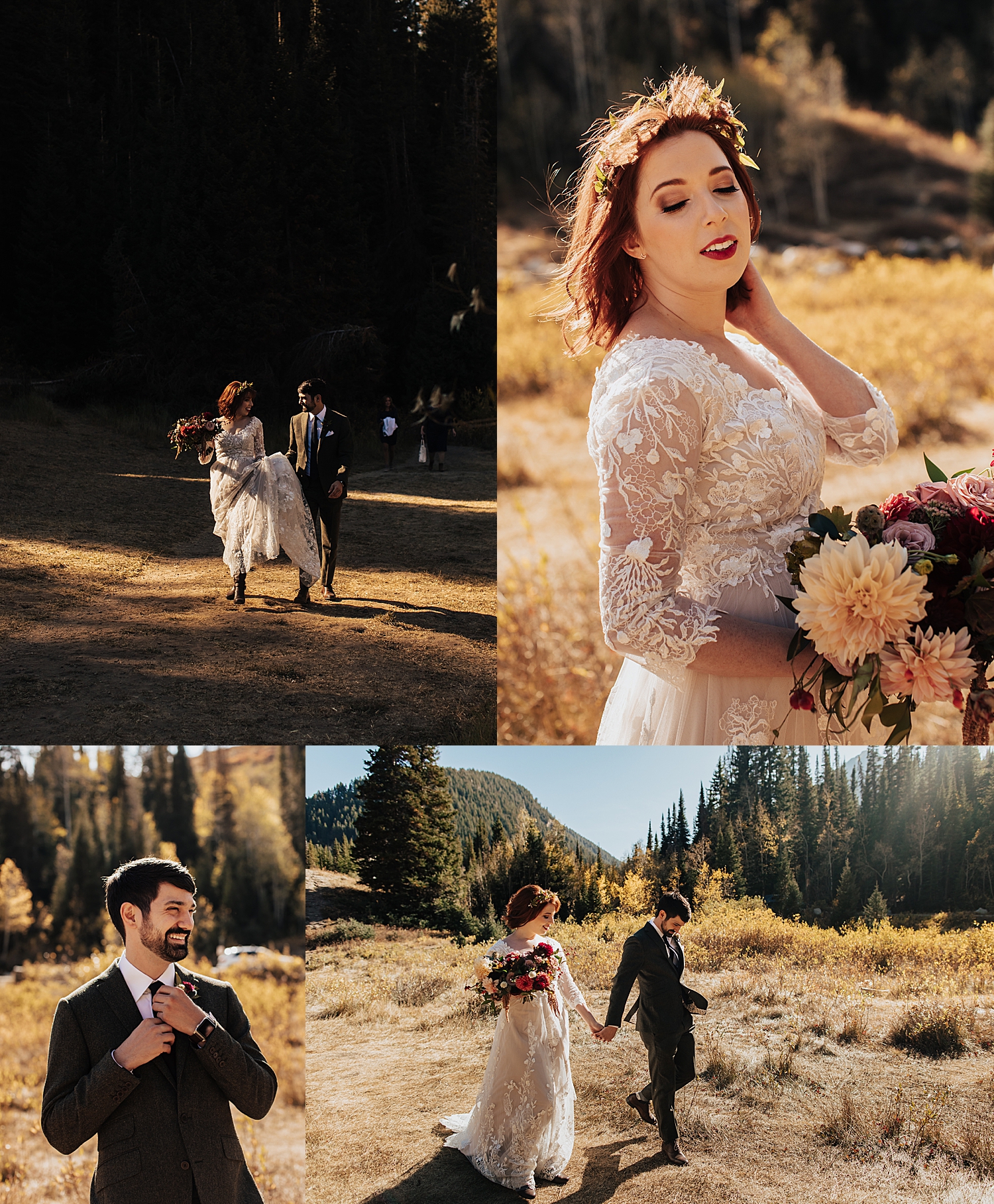 man and woman frolick in the field at Solitude Resort in Park City