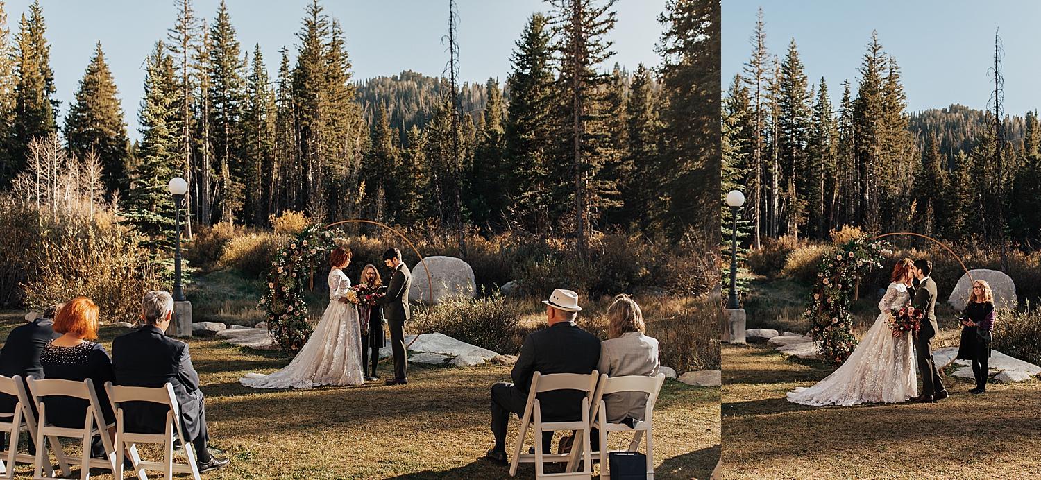 man and woman say I Do under circle arch by Destination wedding photographer