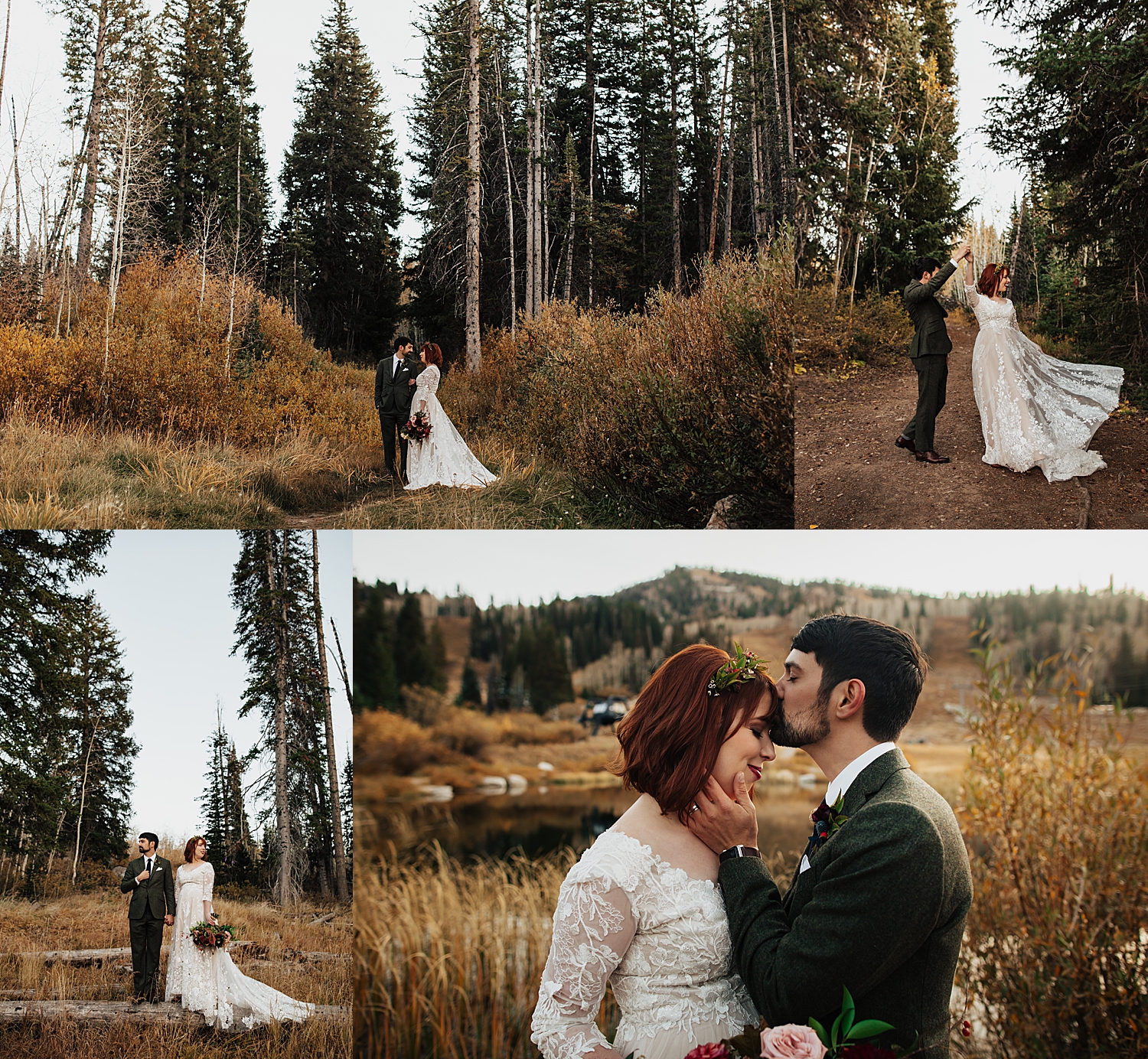 groom kisses bride's forehead under large Utah trees by Nicole Aston photography 