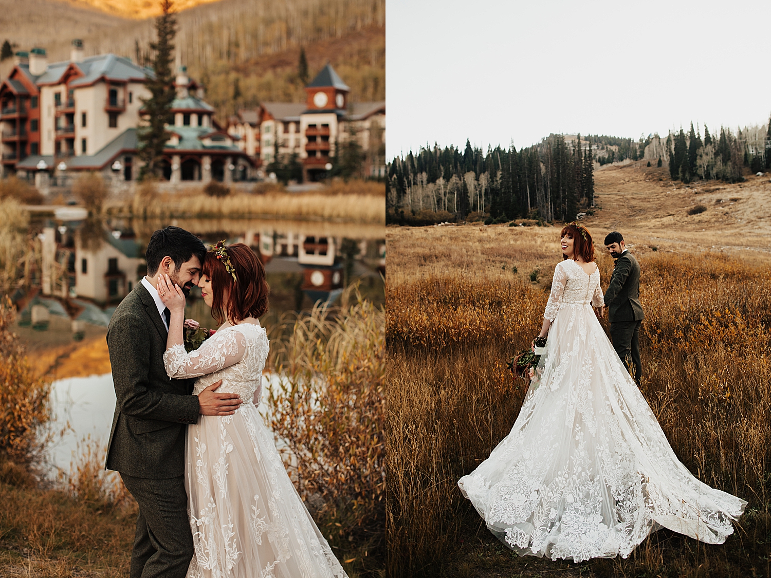 newlyweds share a hug in front of buildings and pond by Destination wedding photographer
