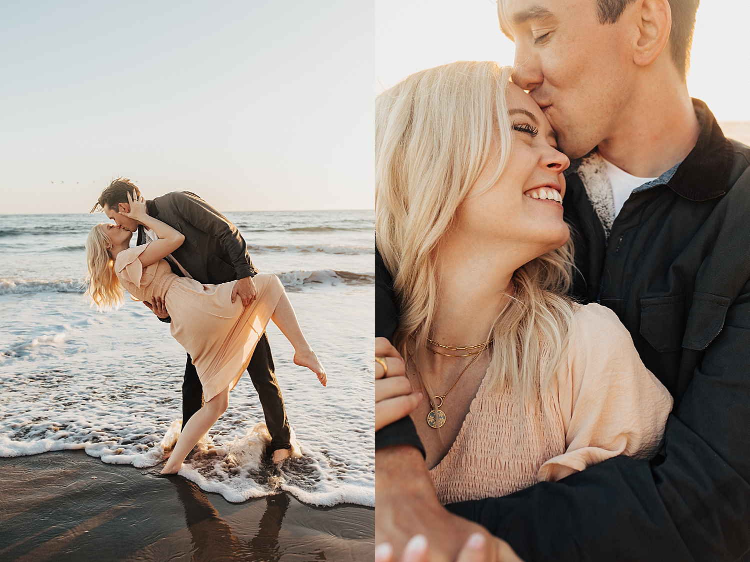 woman giggles as man dips her on beach by Nicole Aston Photography