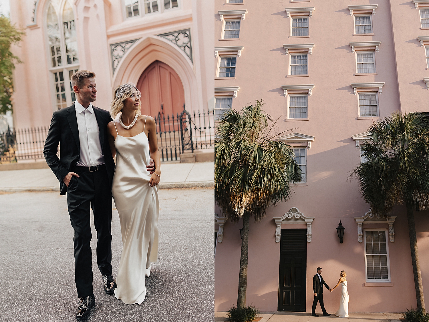 woman in silk white dress crossing a street with man by Destination wedding photographer