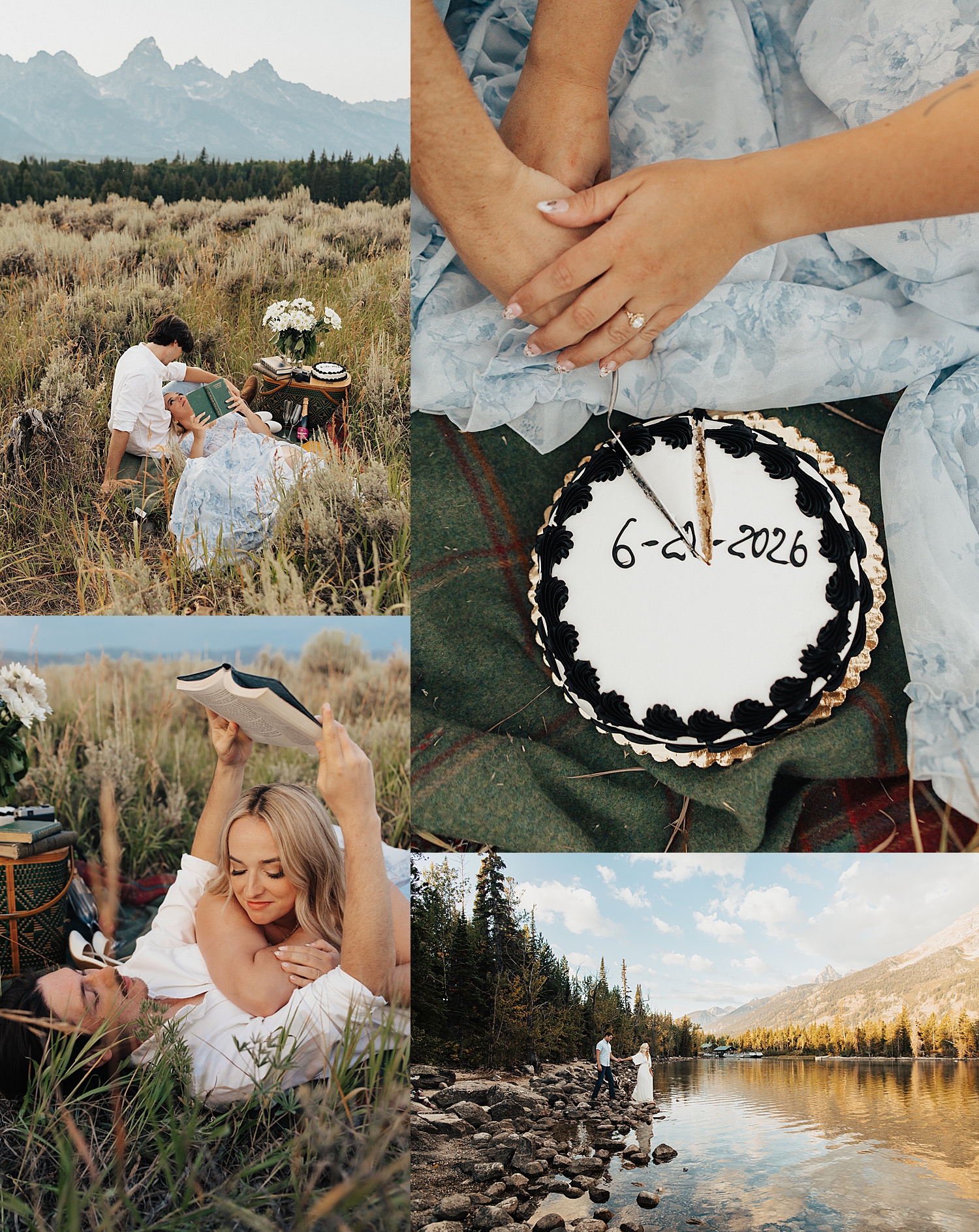 couple shares date cake in field by Destination wedding photographer