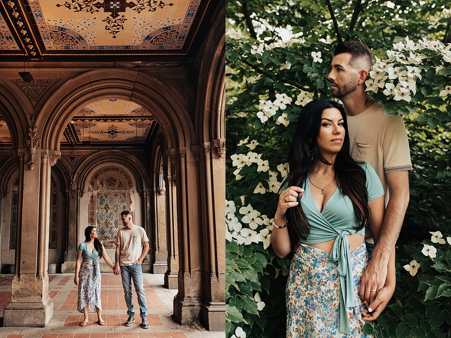 woman in wrap top stands in flowers with man showing 10 Tips for Nailing Your Engagement Session