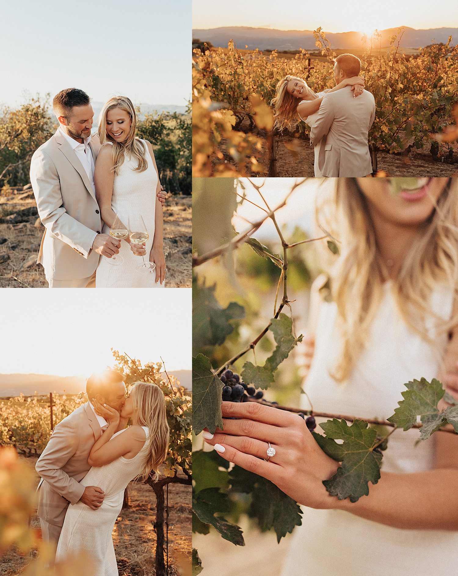 blonde woman kisses man during golden hour in Napa by Destination wedding photographer