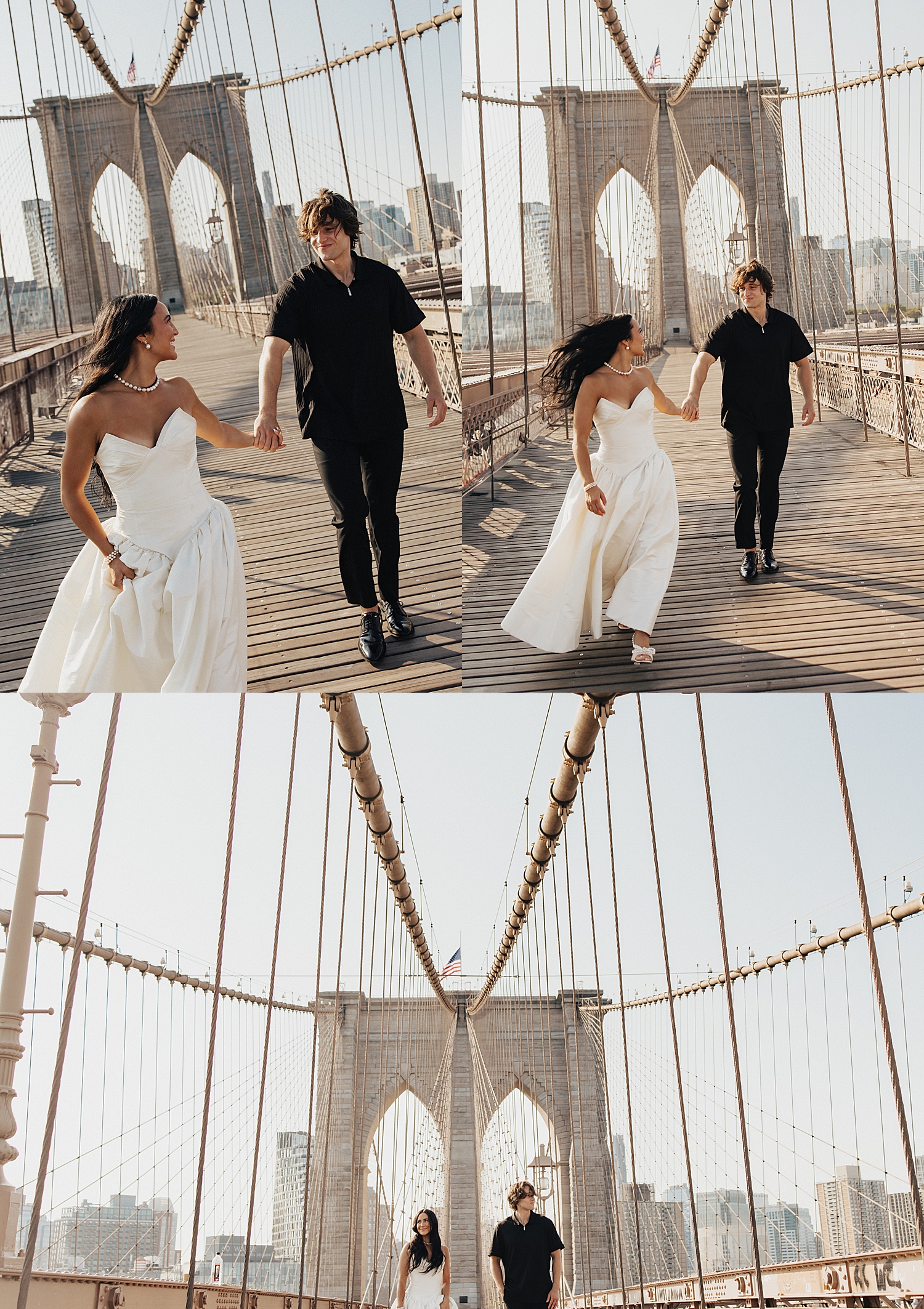 newlyweds run across brooklyn bridge together by Nicole Aston Photography